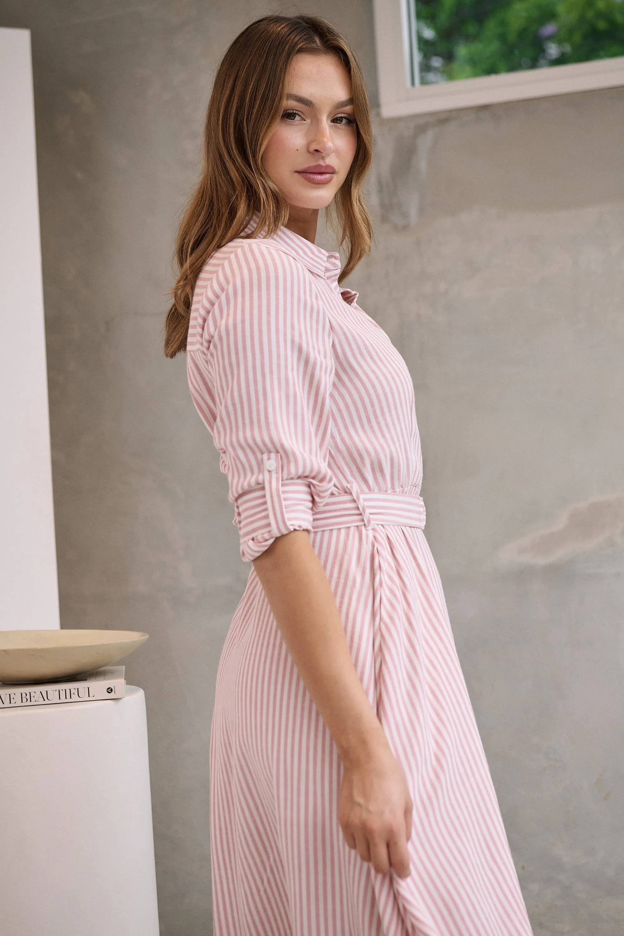 Carly White/Pink Stripe Collared Tie Waist Button Midi Dress