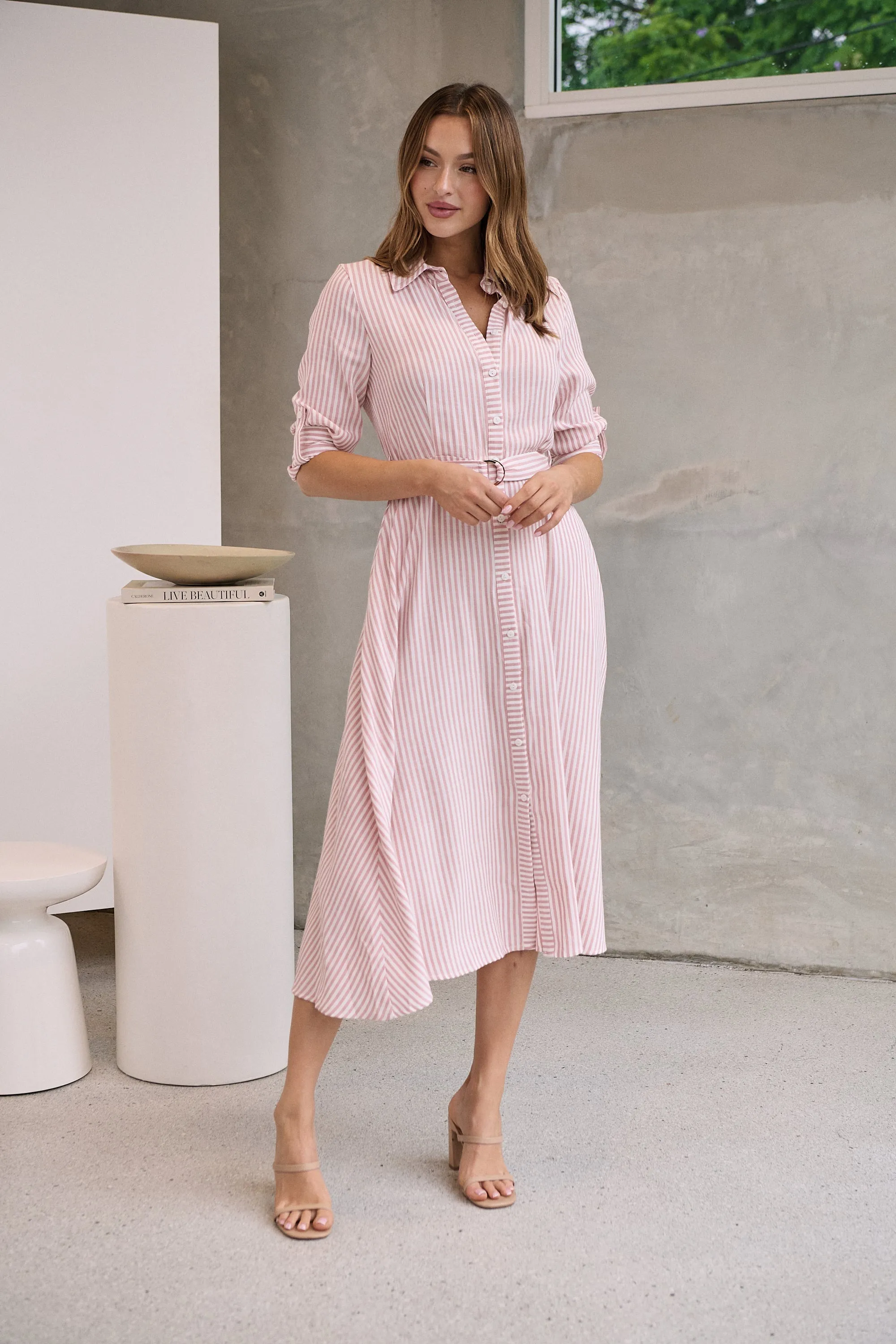 Carly White/Pink Stripe Collared Tie Waist Button Midi Dress