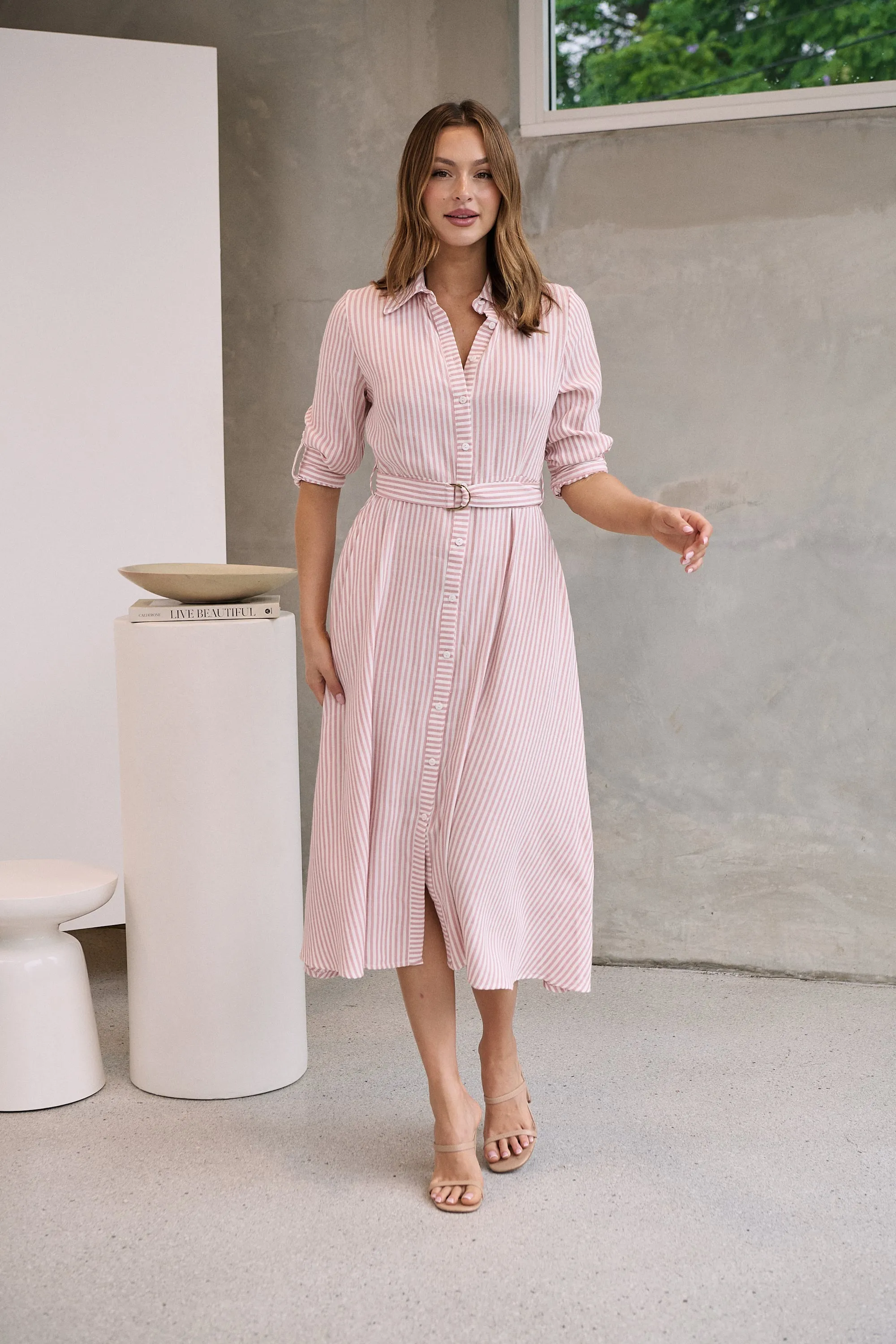 Carly White/Pink Stripe Collared Tie Waist Button Midi Dress