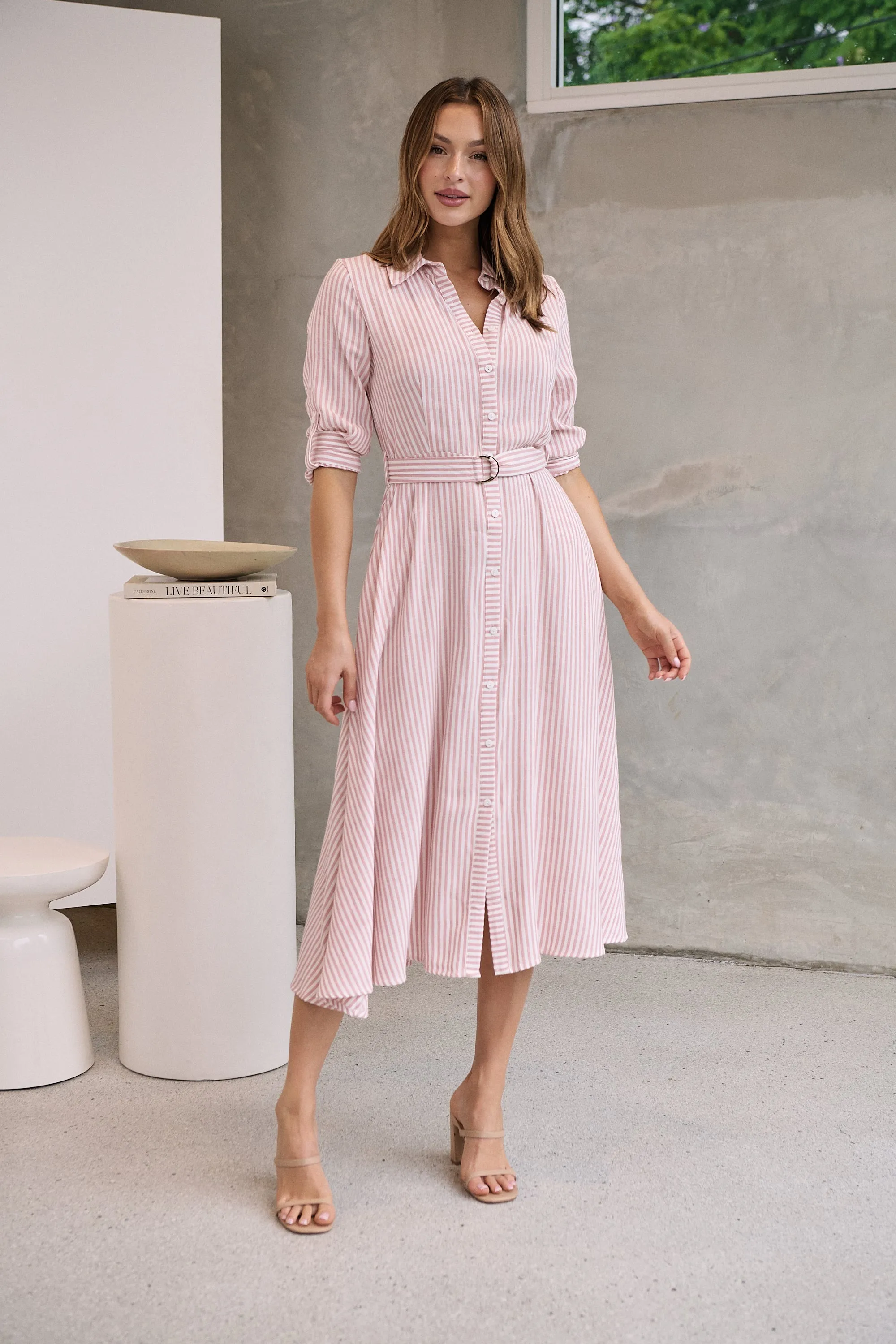 Carly White/Pink Stripe Collared Tie Waist Button Midi Dress