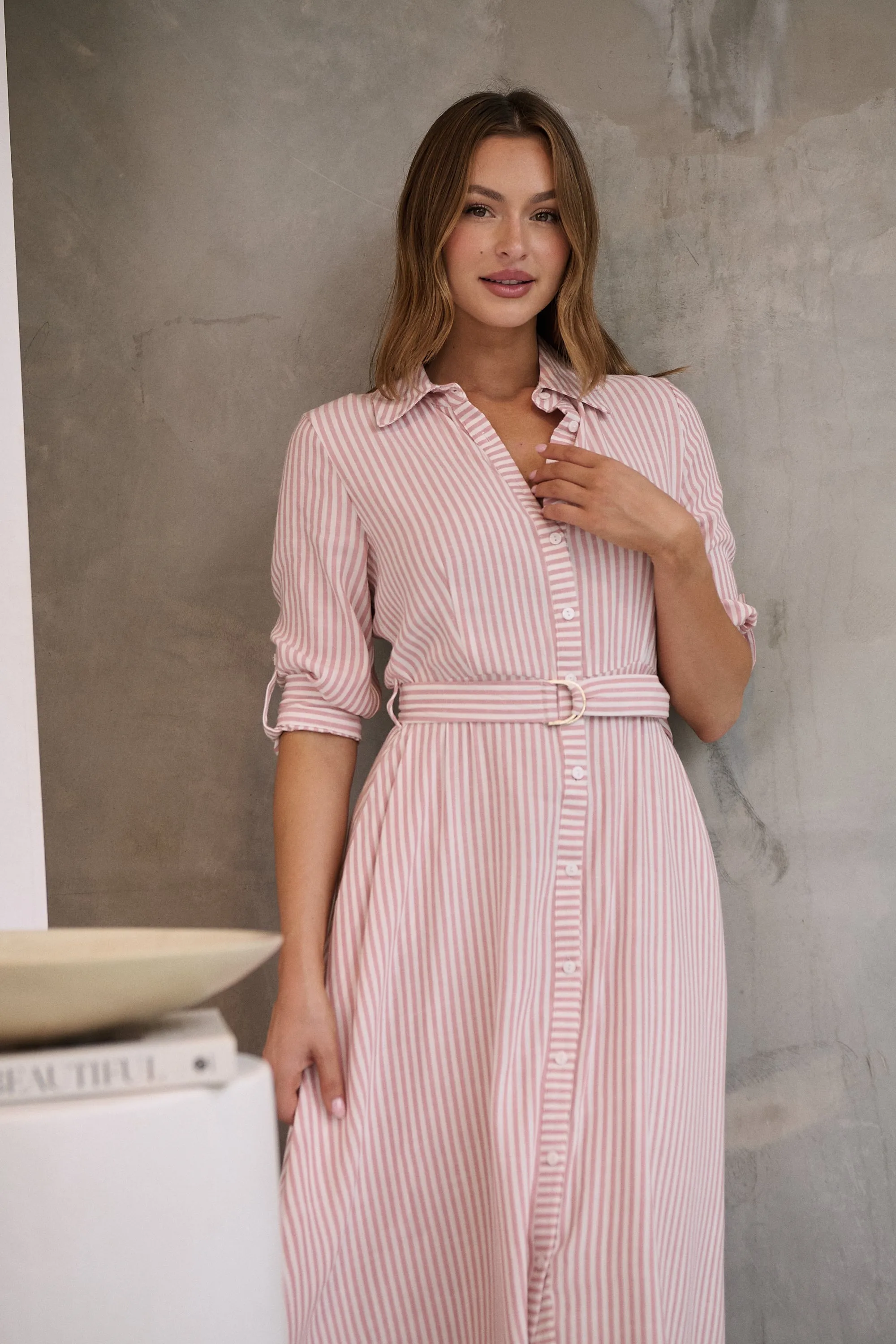 Carly White/Pink Stripe Collared Tie Waist Button Midi Dress