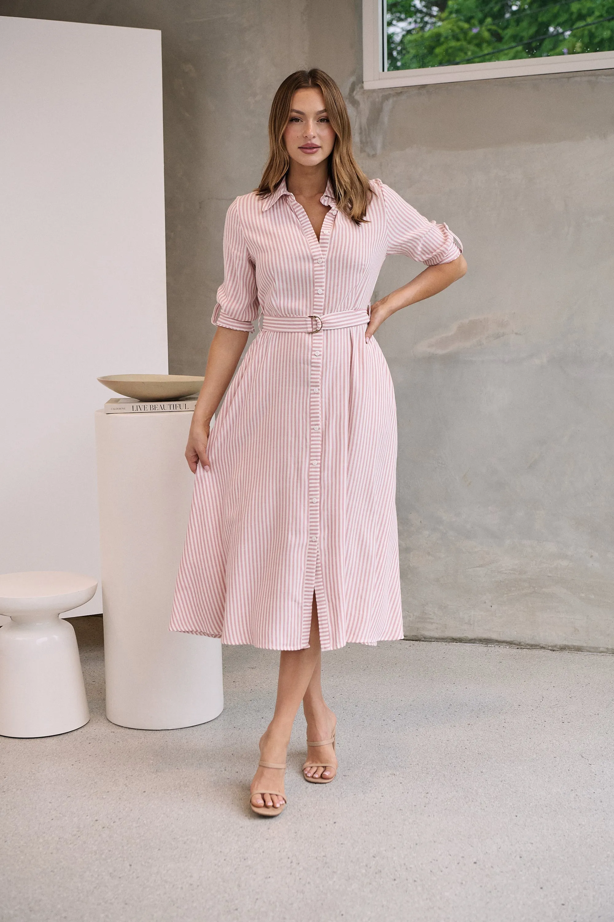 Carly White/Pink Stripe Collared Tie Waist Button Midi Dress