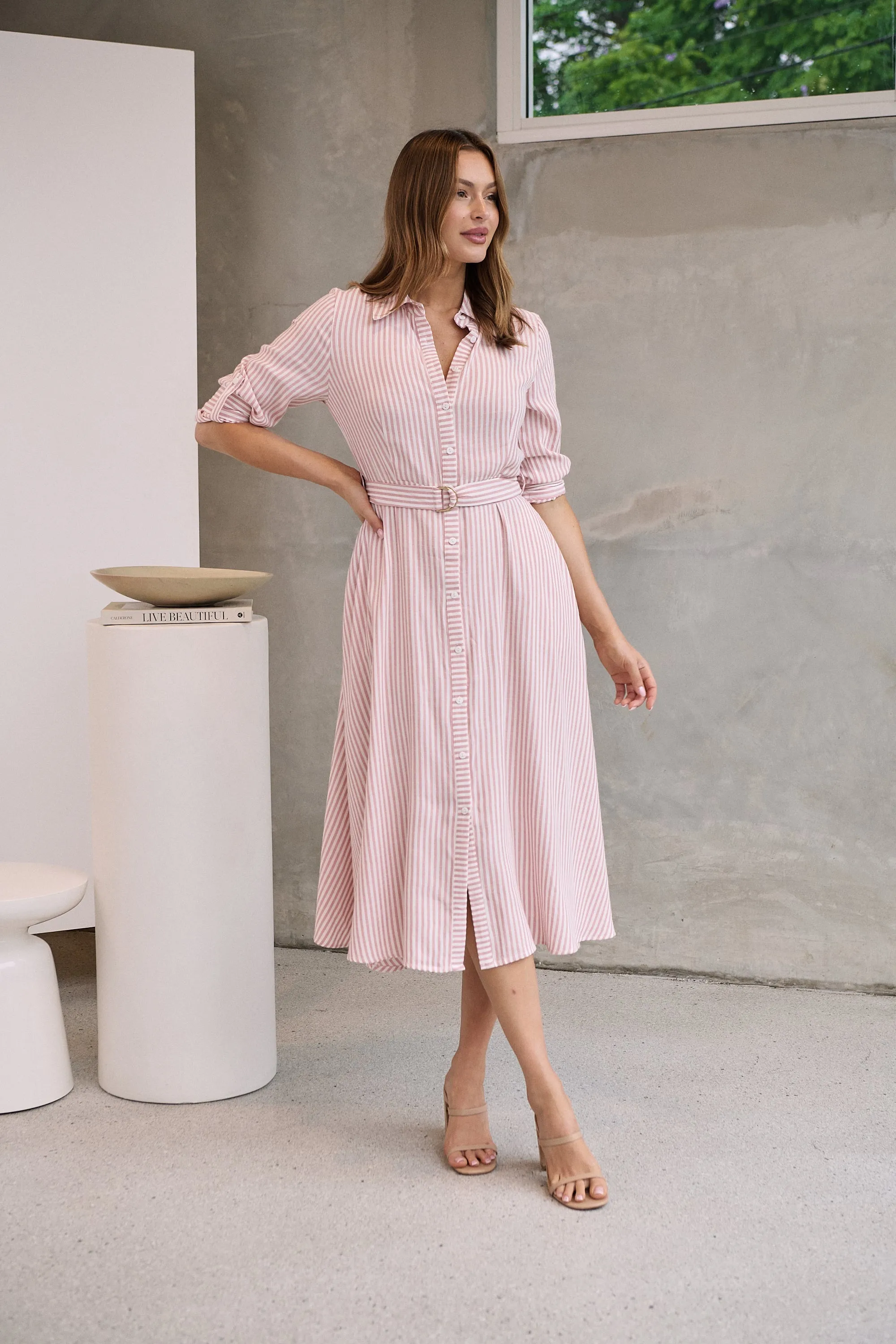 Carly White/Pink Stripe Collared Tie Waist Button Midi Dress