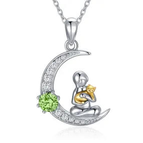 Cat Gifts for Cat Lovers Sterling Silver Moon Cat Pendant Necklace Jewelry with Birthstone Crystals Birthday Gifts for Women