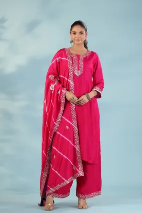 Cerise Pink Chanderi Silk Embroidered Kurta Palazzo Set