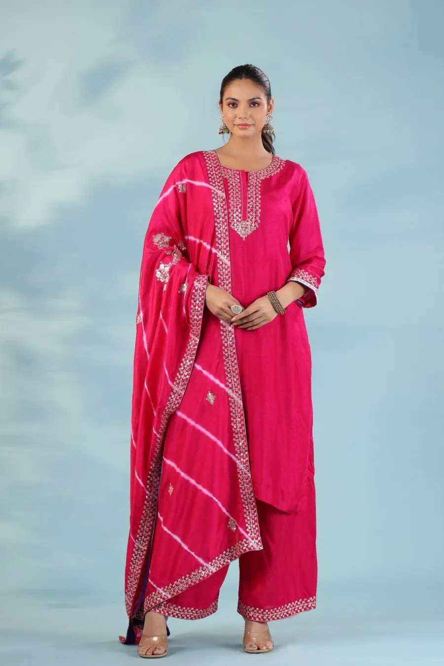 Cerise Pink Chanderi Silk Embroidered Kurta Palazzo Set