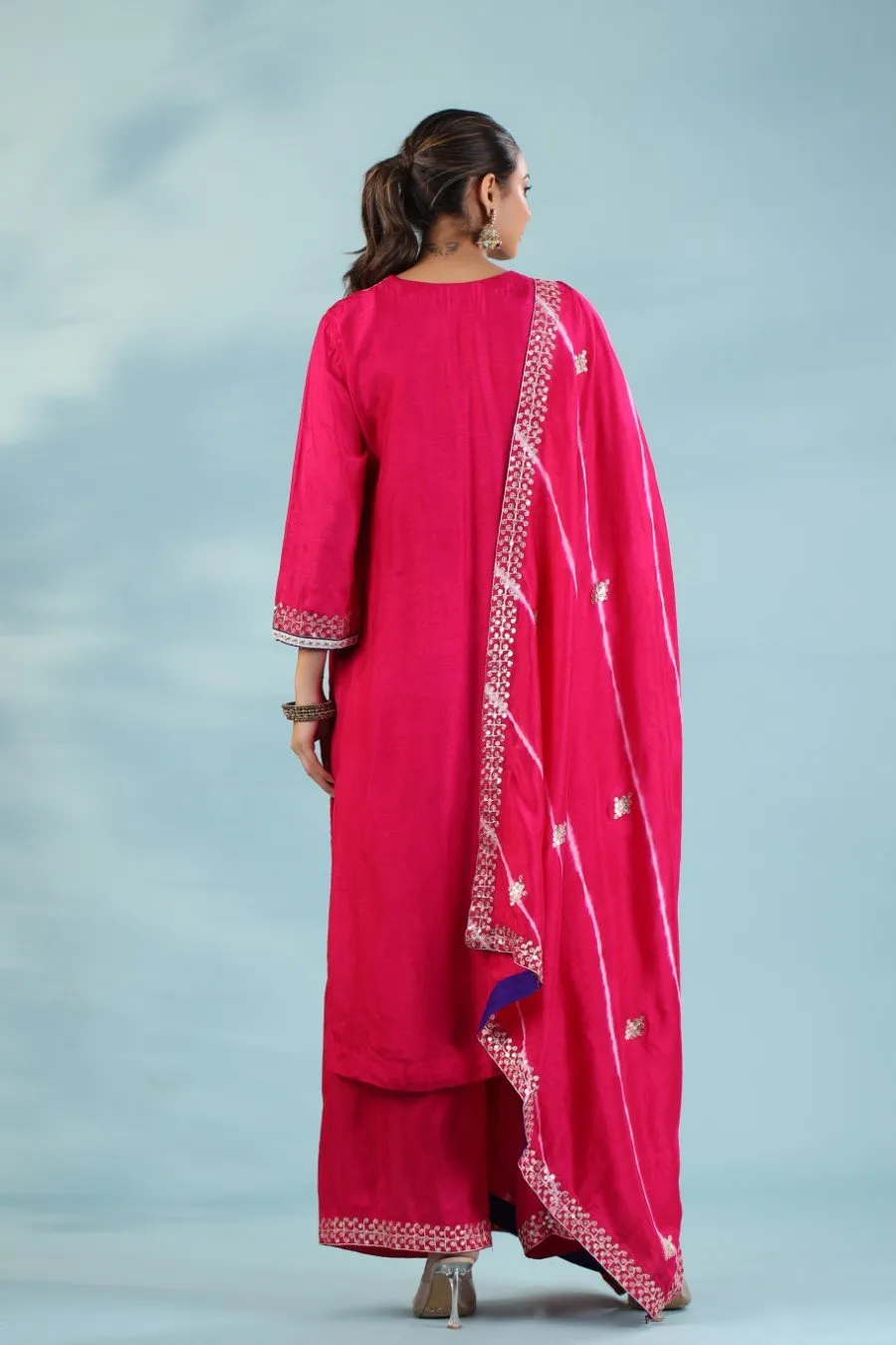 Cerise Pink Chanderi Silk Embroidered Kurta Palazzo Set