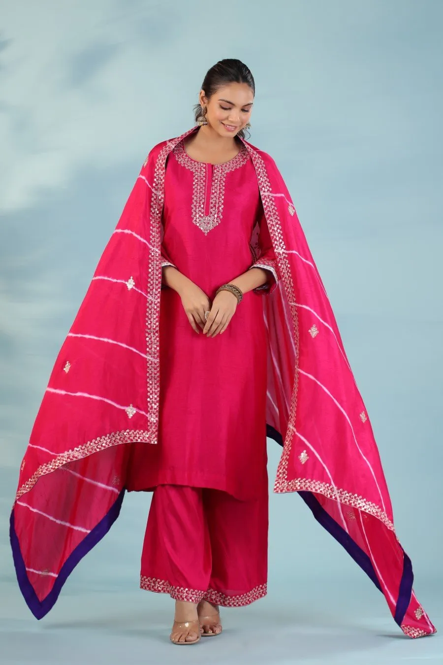 Cerise Pink Chanderi Silk Embroidered Kurta Palazzo Set