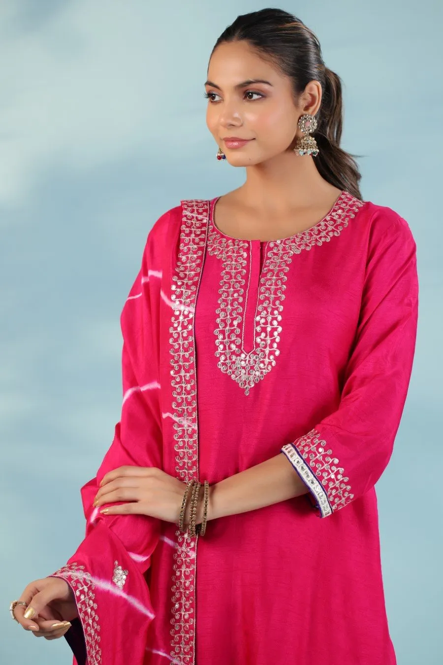 Cerise Pink Chanderi Silk Embroidered Kurta Palazzo Set