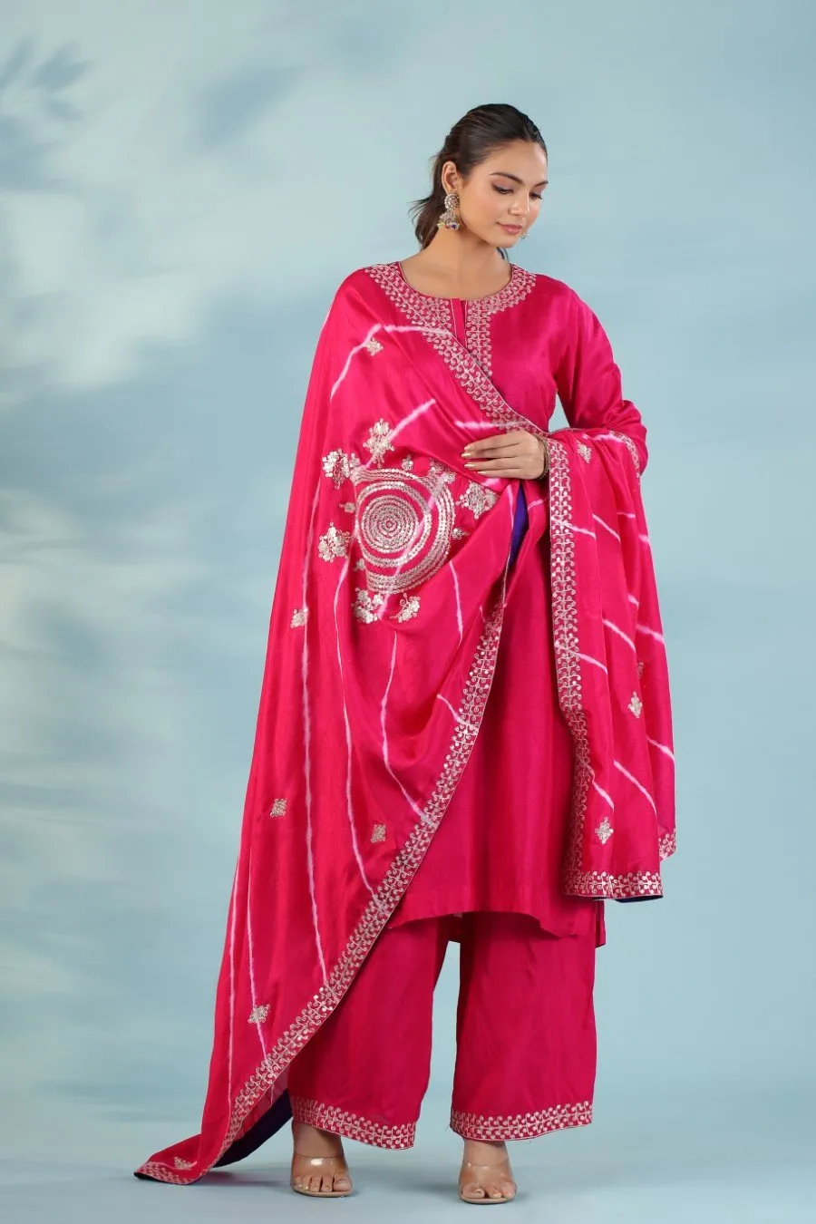 Cerise Pink Chanderi Silk Embroidered Kurta Palazzo Set