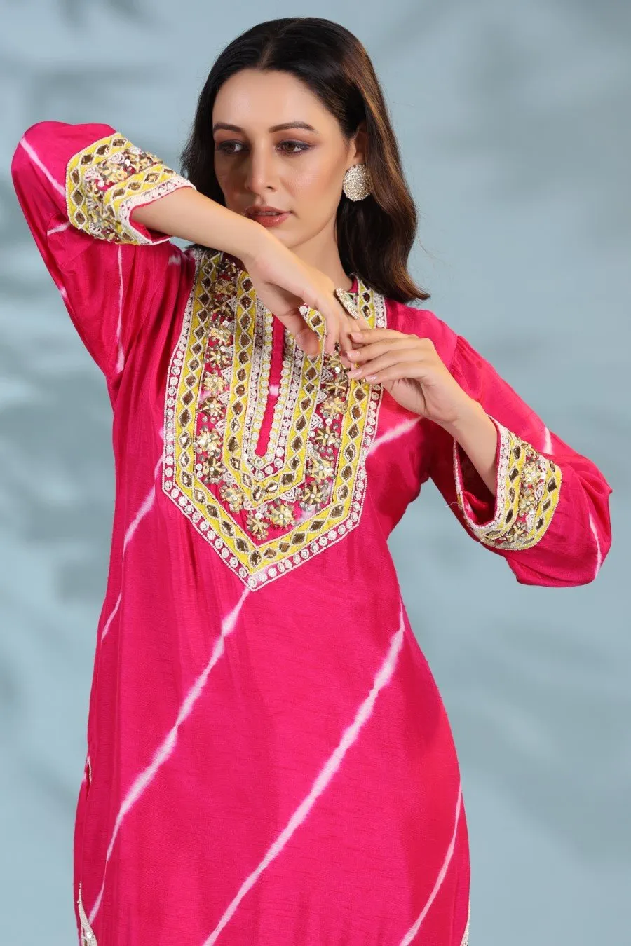 Cersie Pink Leheriya Embroidered Kurta with Harem Pants