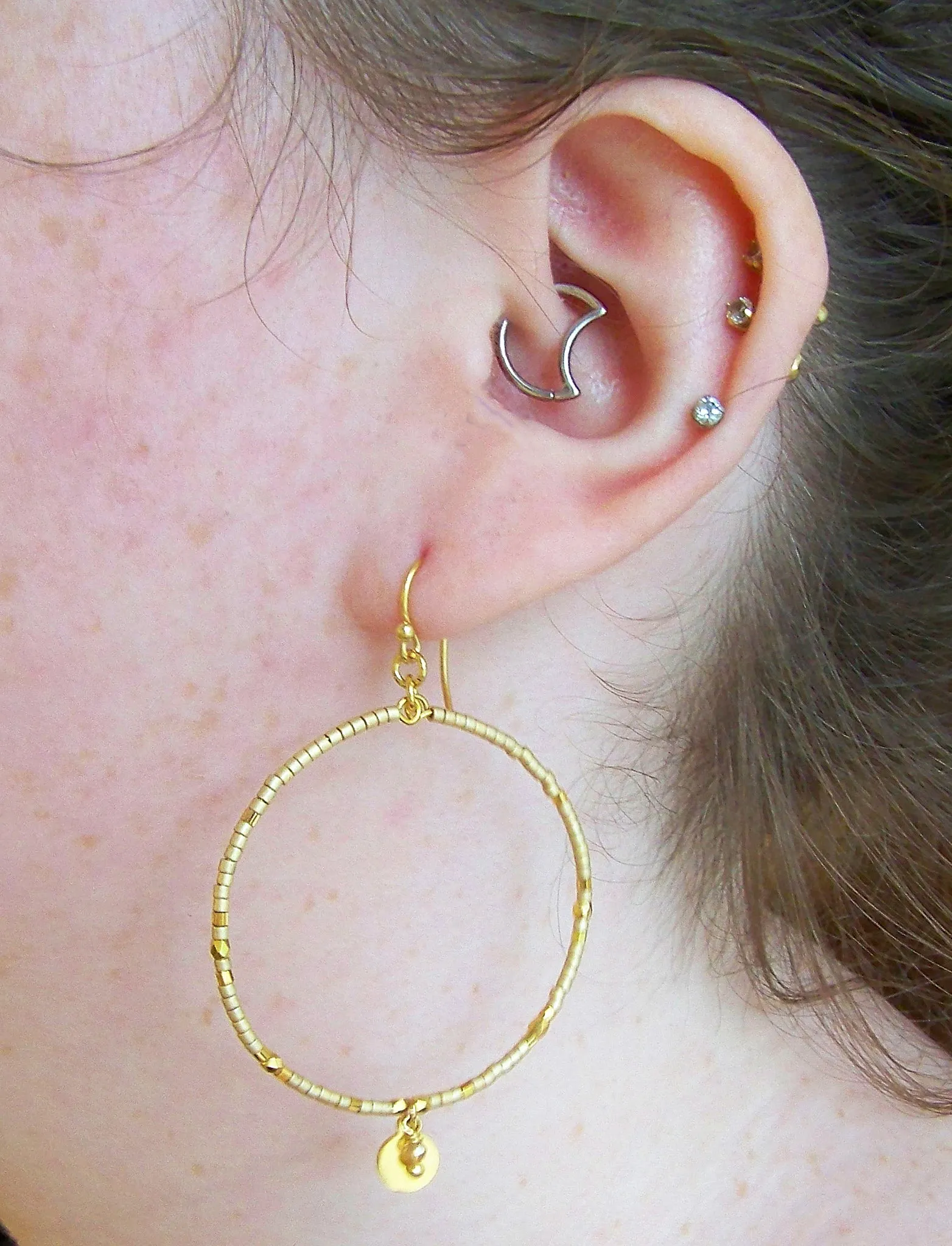 Chan Luu Gold Hoop Earrings in Gold Seed Beads with Dangle Charm