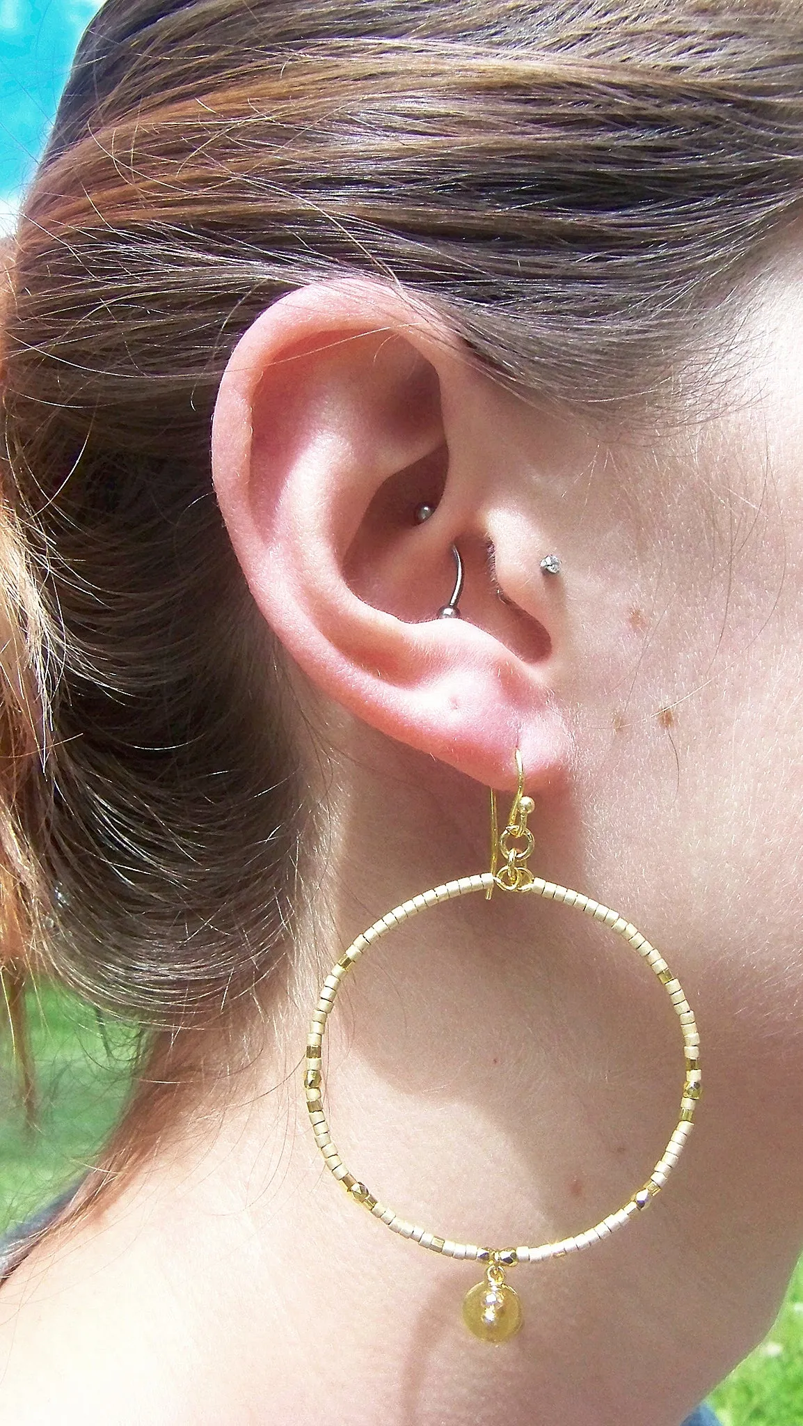 Chan Luu Gold Hoop Earrings in Gold Seed Beads with Dangle Charm