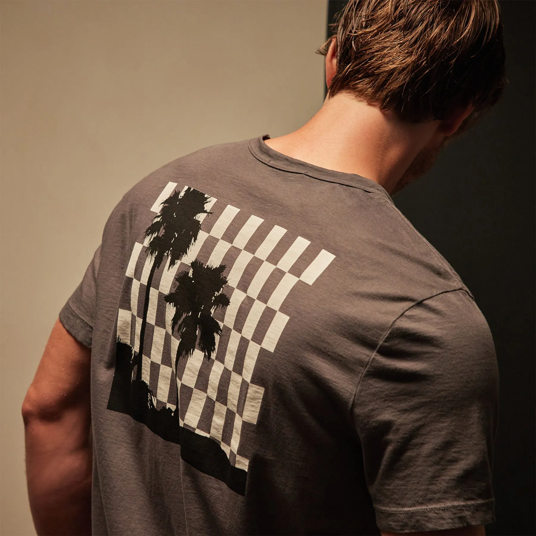 Checkered Palm Tree Graphic Tee - Raccoon Grey/White