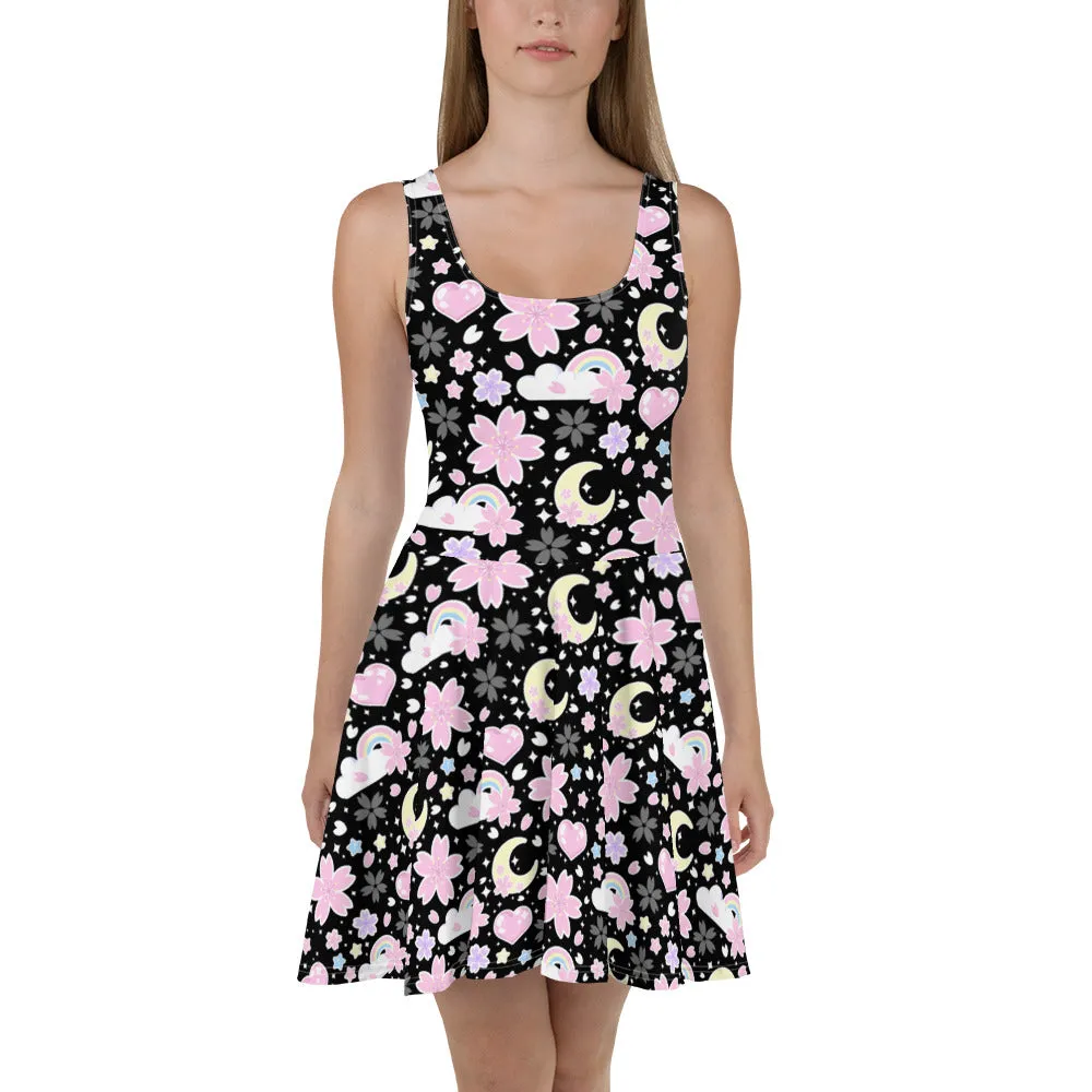 Cherry Blossom Dreams Black Skater Dress