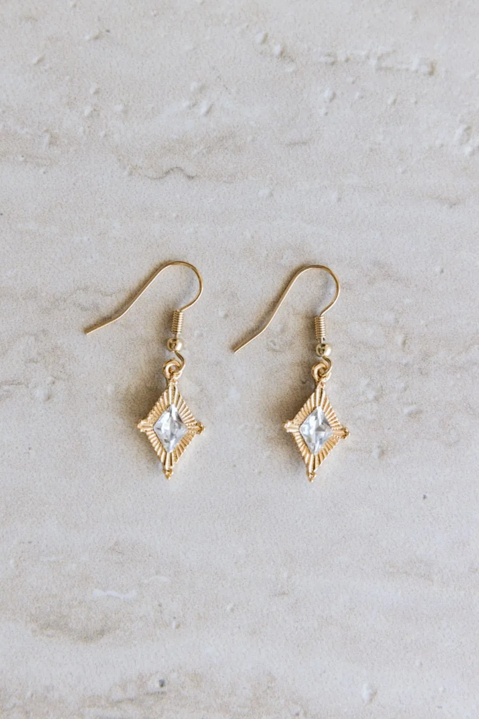 Clear Gem Diamond Shape Gold Earrings