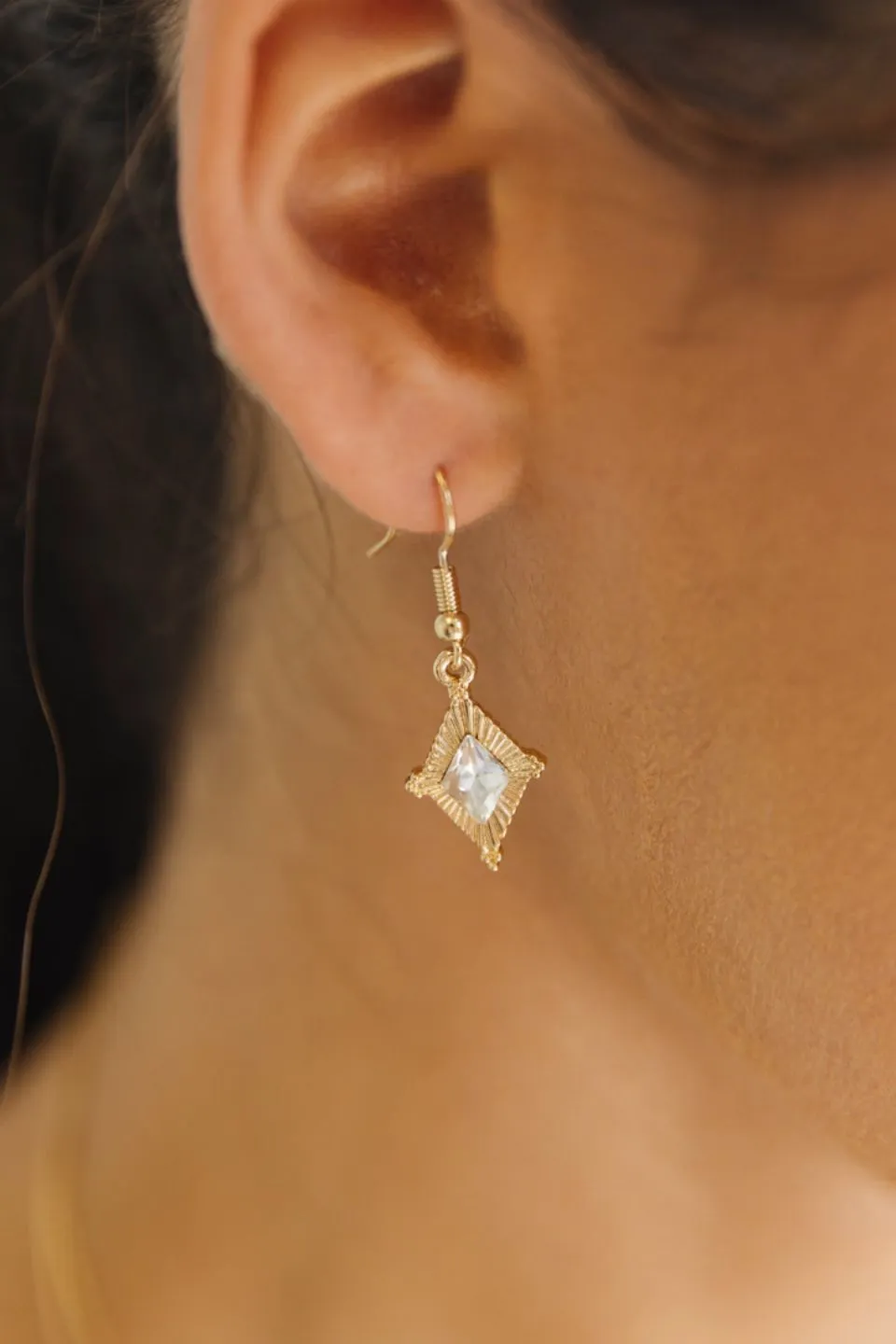 Clear Gem Diamond Shape Gold Earrings