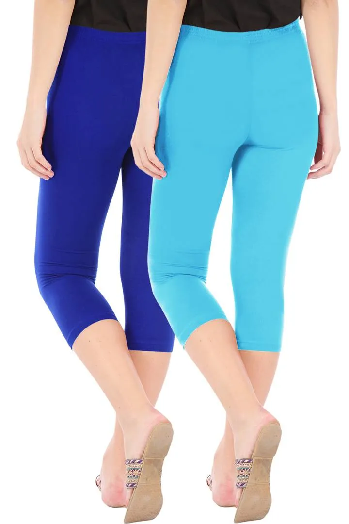 Combo Pack Of 2 Skinny Fit 3/4 Capris Leggings For Women Royal Blue Sky Blue