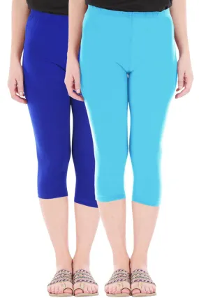 Combo Pack Of 2 Skinny Fit 3/4 Capris Leggings For Women Royal Blue Sky Blue