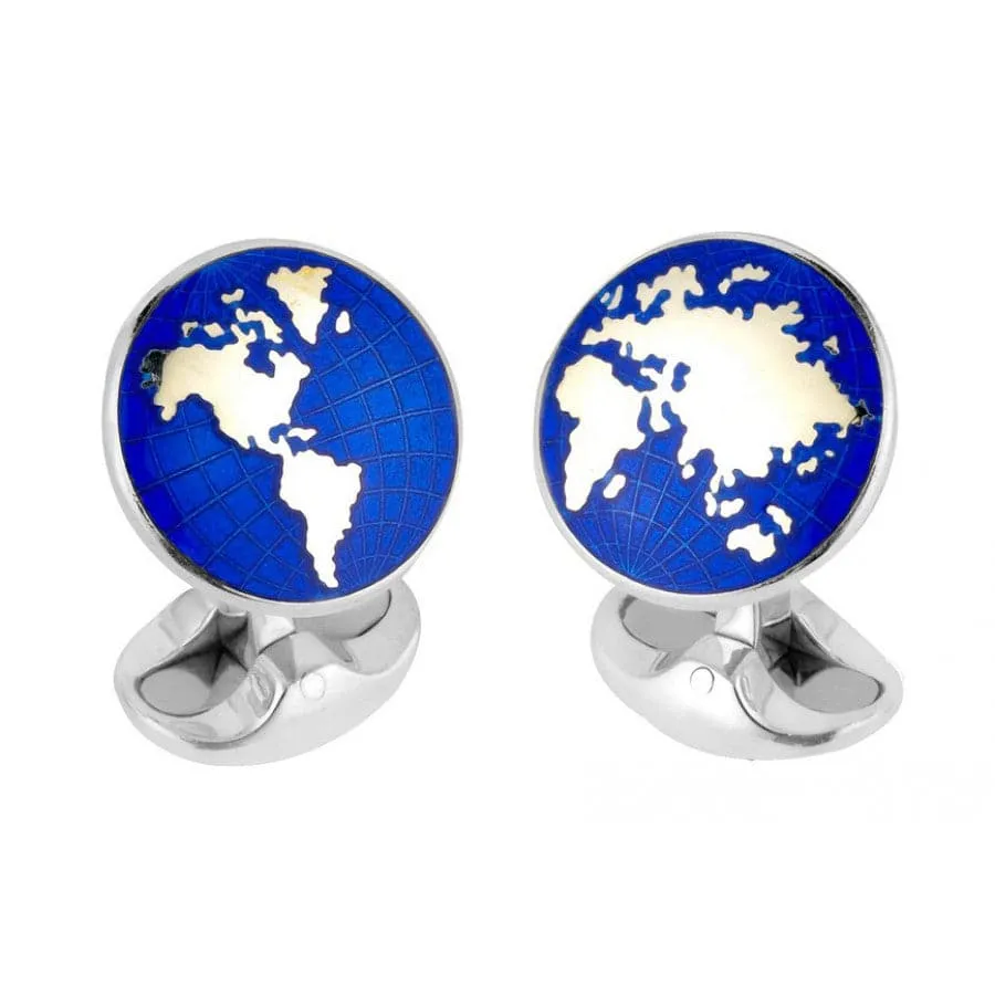 DEAKIN & FRANCIS STERLING SILVER BLUE ENAMEL WORLD MAP CUFFLINKS