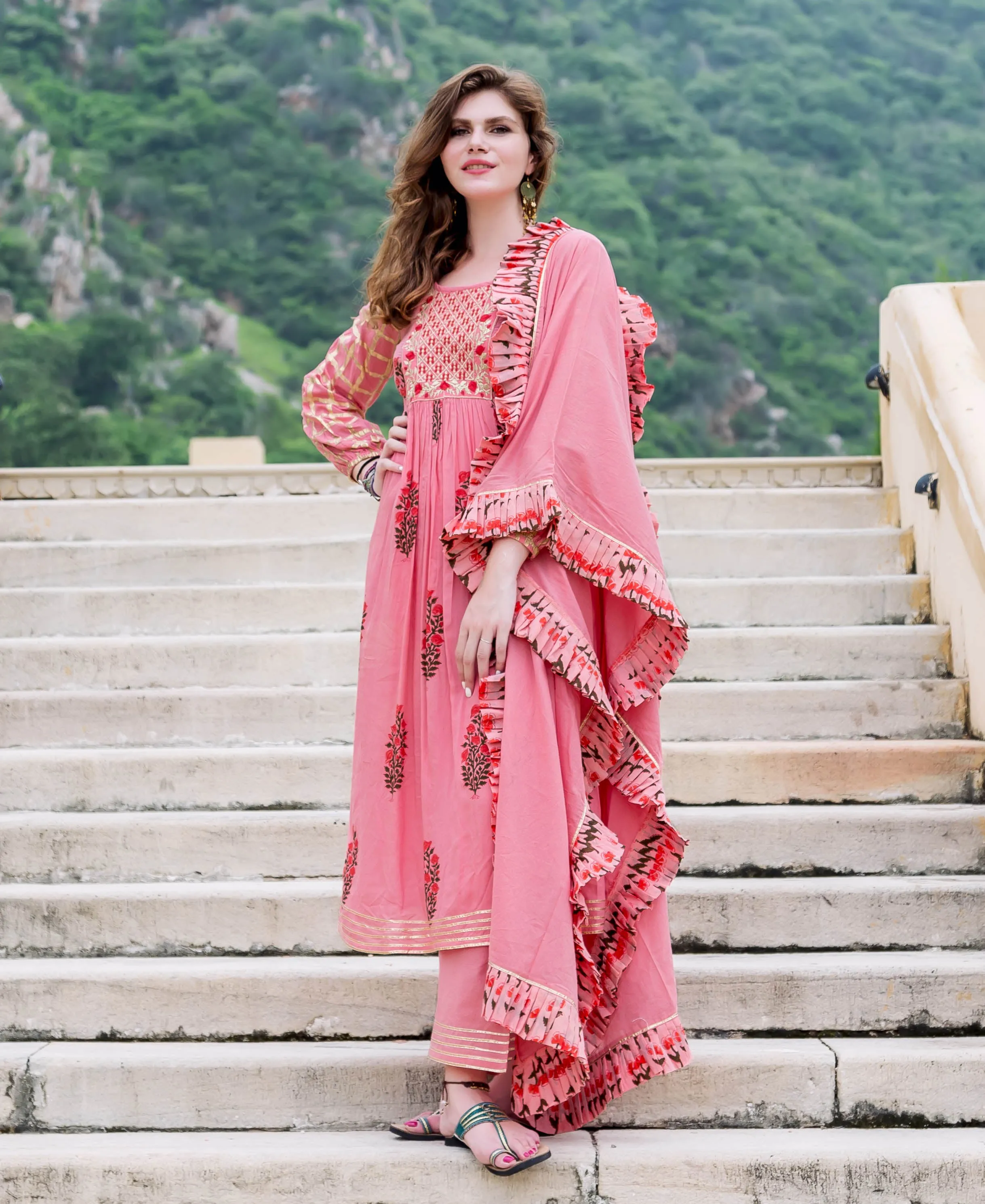 Designer Peach Embroidered Printed Kurta