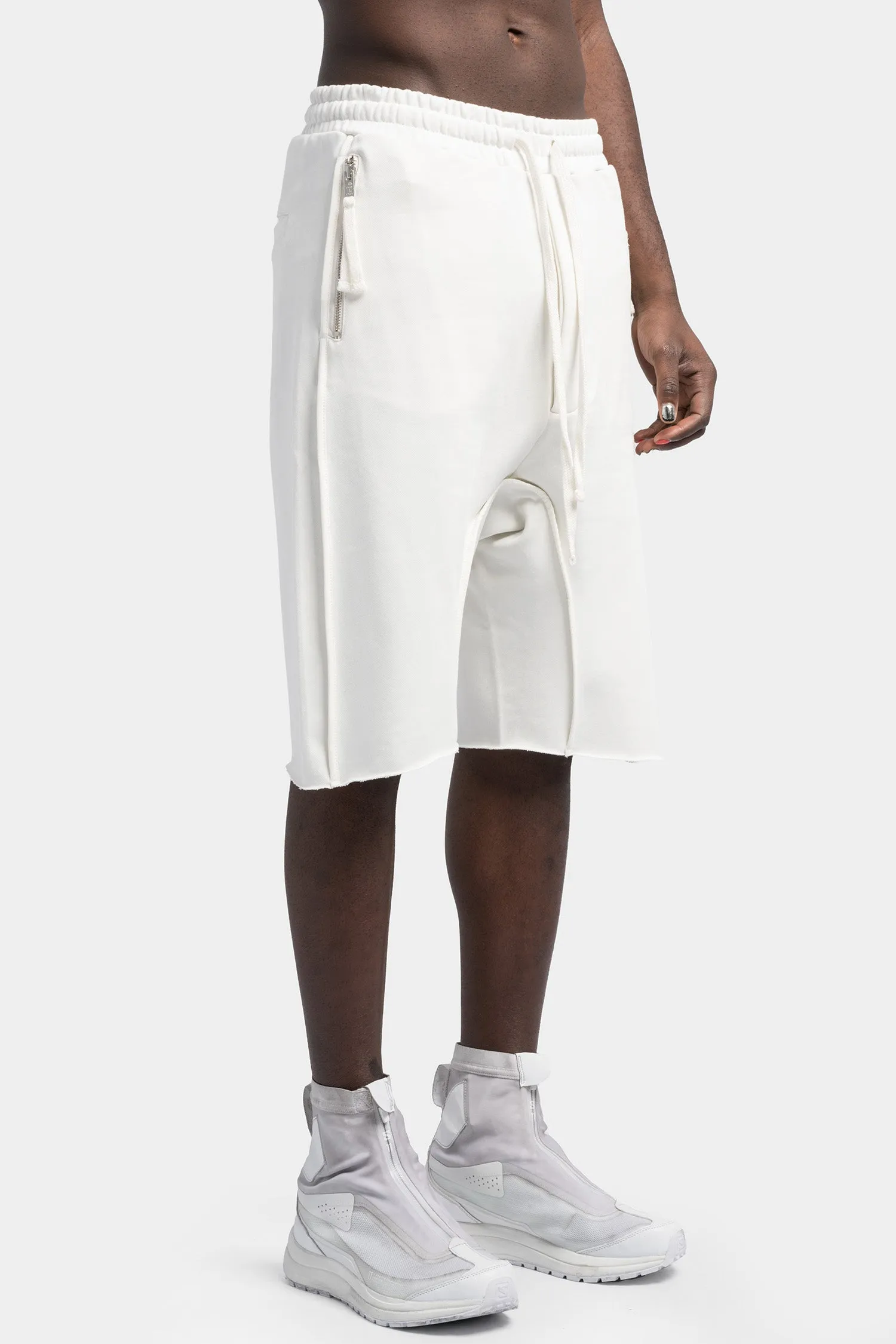 Drop crotch cotton sweat shorts, Cream