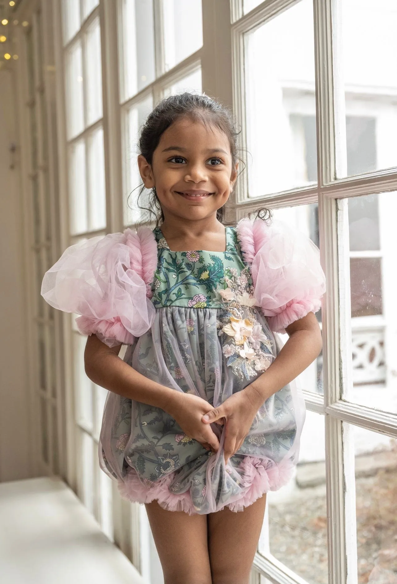 Eva Pink and Green Floral Tulle Romper