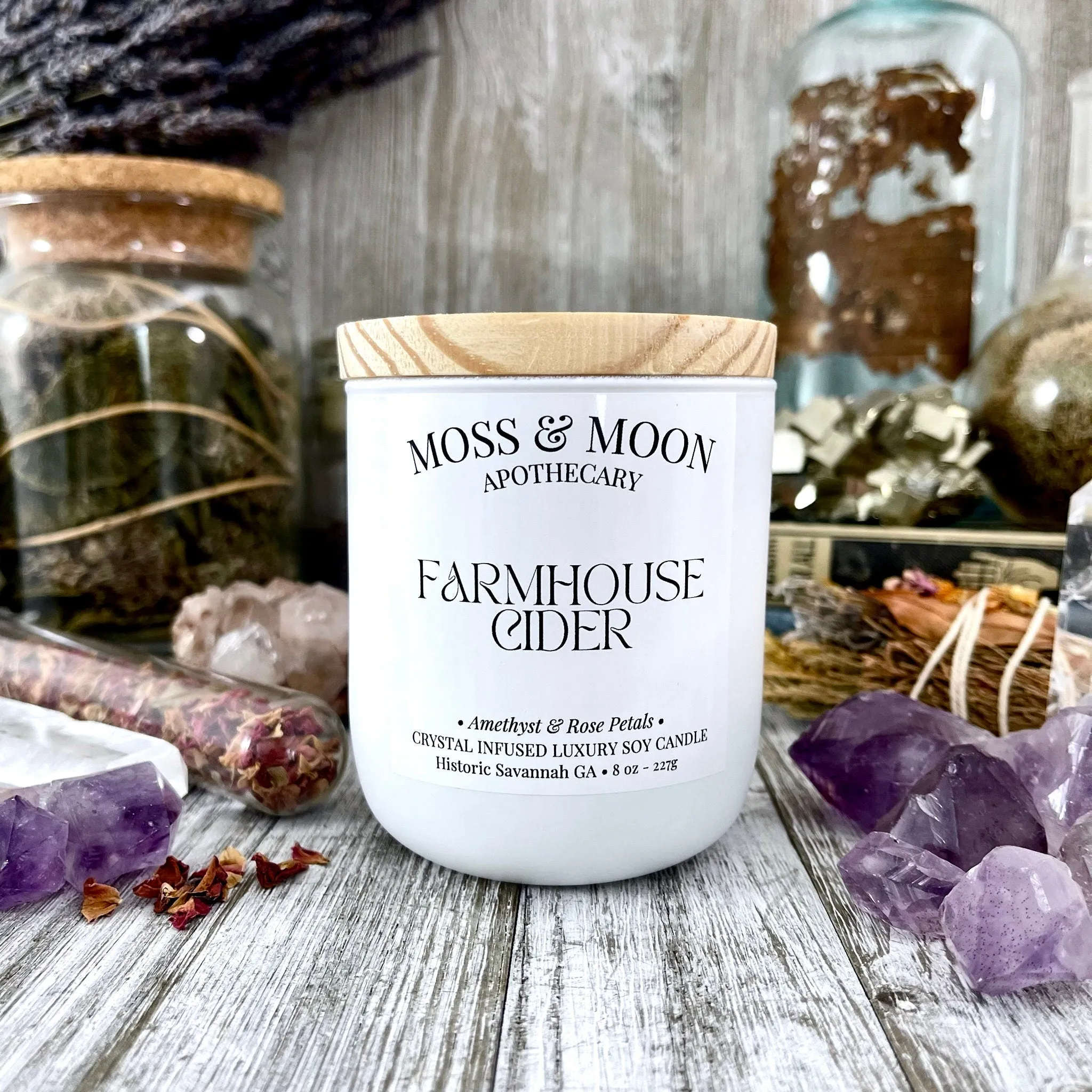 Farmhouse Cider Candle with Raw Amethyst  - Moss & Moon Apothecary Crystal Infused Luxury Soy Candle