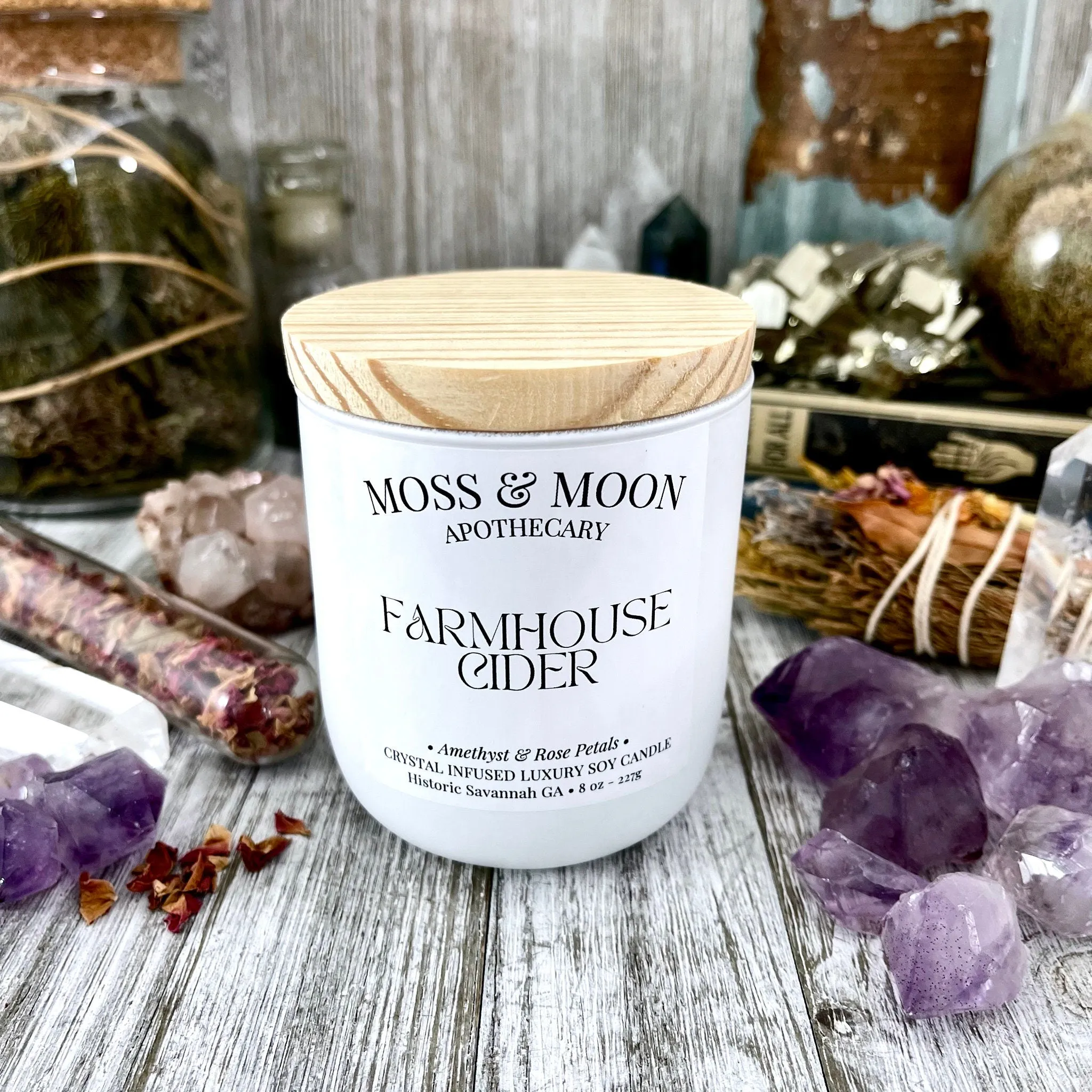 Farmhouse Cider Candle with Raw Amethyst  - Moss & Moon Apothecary Crystal Infused Luxury Soy Candle