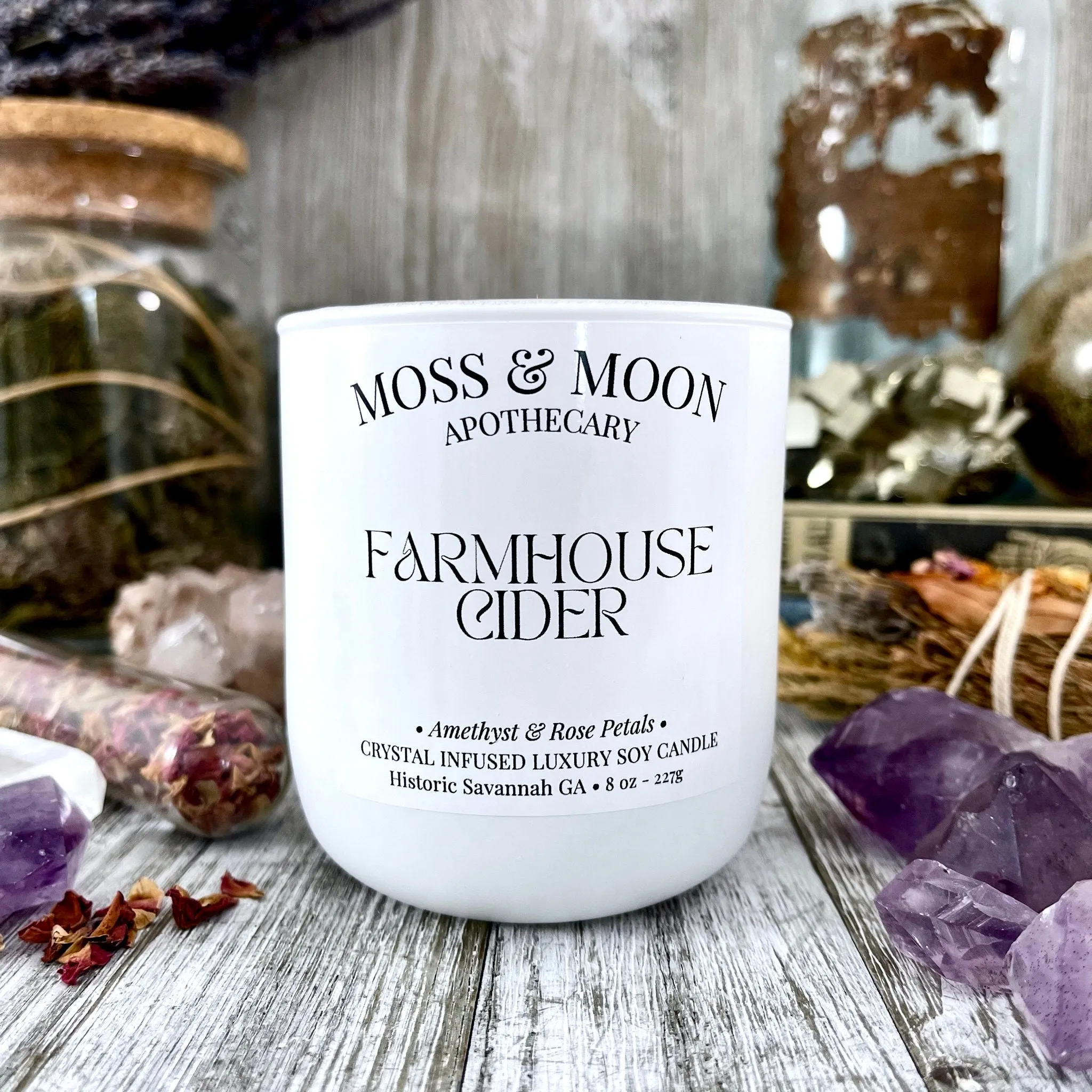 Farmhouse Cider Candle with Raw Amethyst  - Moss & Moon Apothecary Crystal Infused Luxury Soy Candle