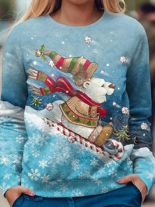 Festive Snowman and Snowflake Graphic Sweatshirt for Women