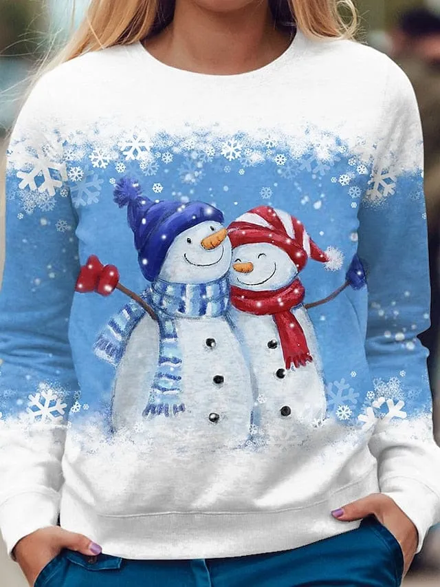 Festive Snowman and Snowflake Graphic Sweatshirt for Women