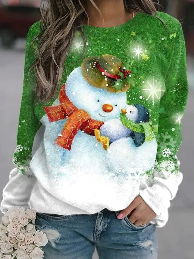 Festive Snowman and Snowflake Graphic Sweatshirt for Women