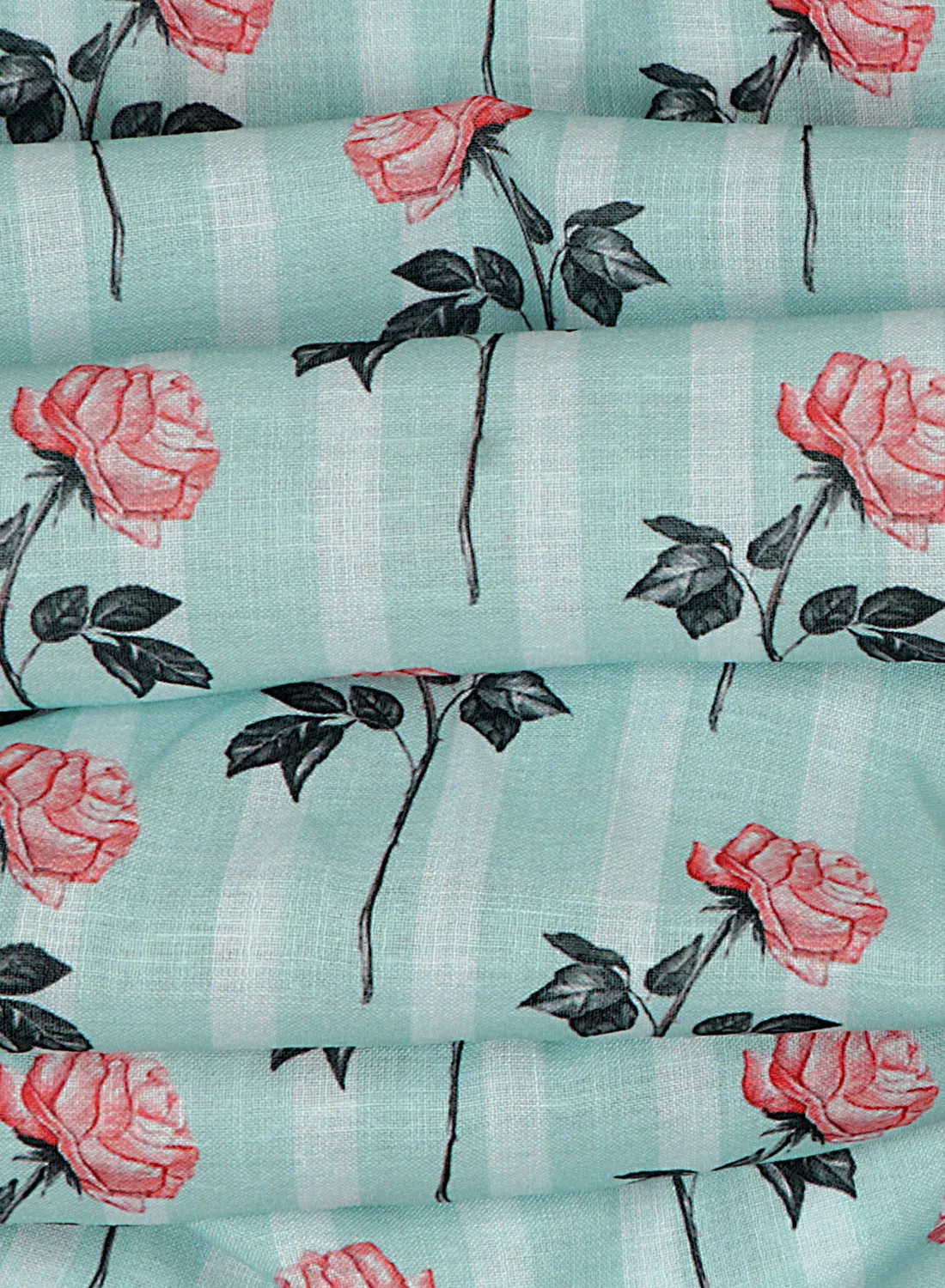 Floral printed Mint Green and Rose Pink Cotton Linen Blend Fabric