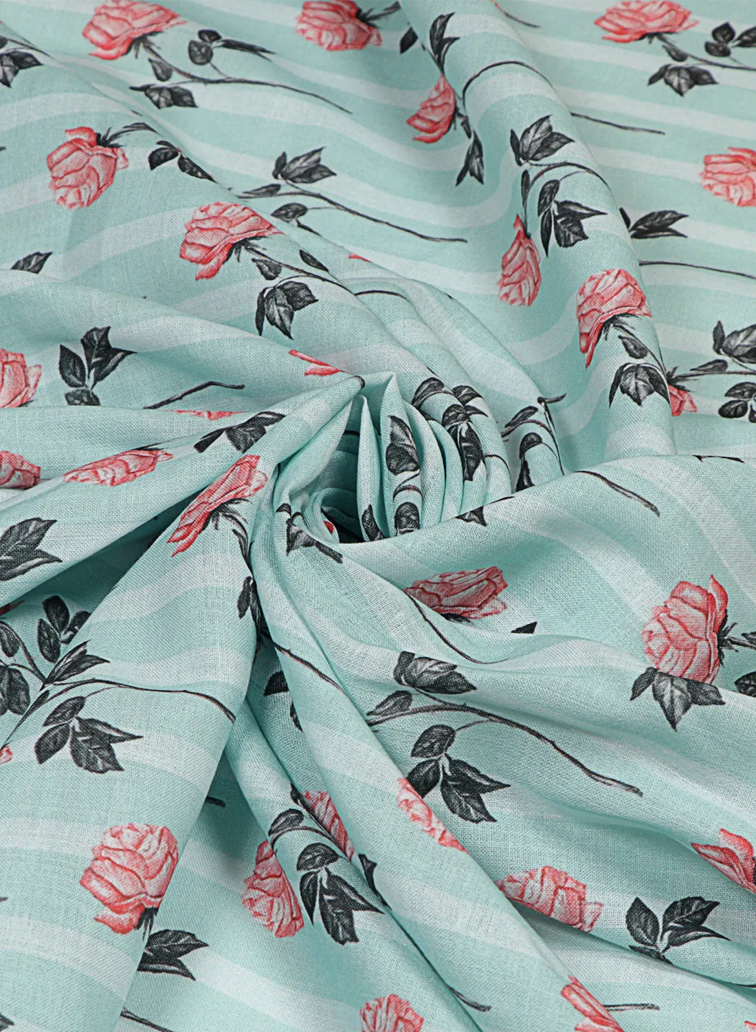 Floral printed Mint Green and Rose Pink Cotton Linen Blend Fabric