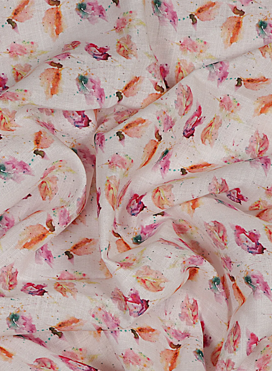 Floral printed White and Rose Pink Cotton Linen Blend Fabric