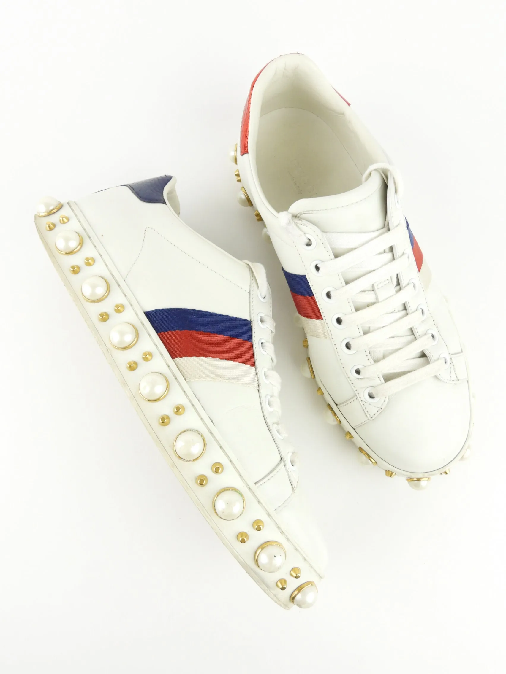 Gucci White Leather Metallic Red and Blue and Pearl Embellished Platform Sneakers - 37