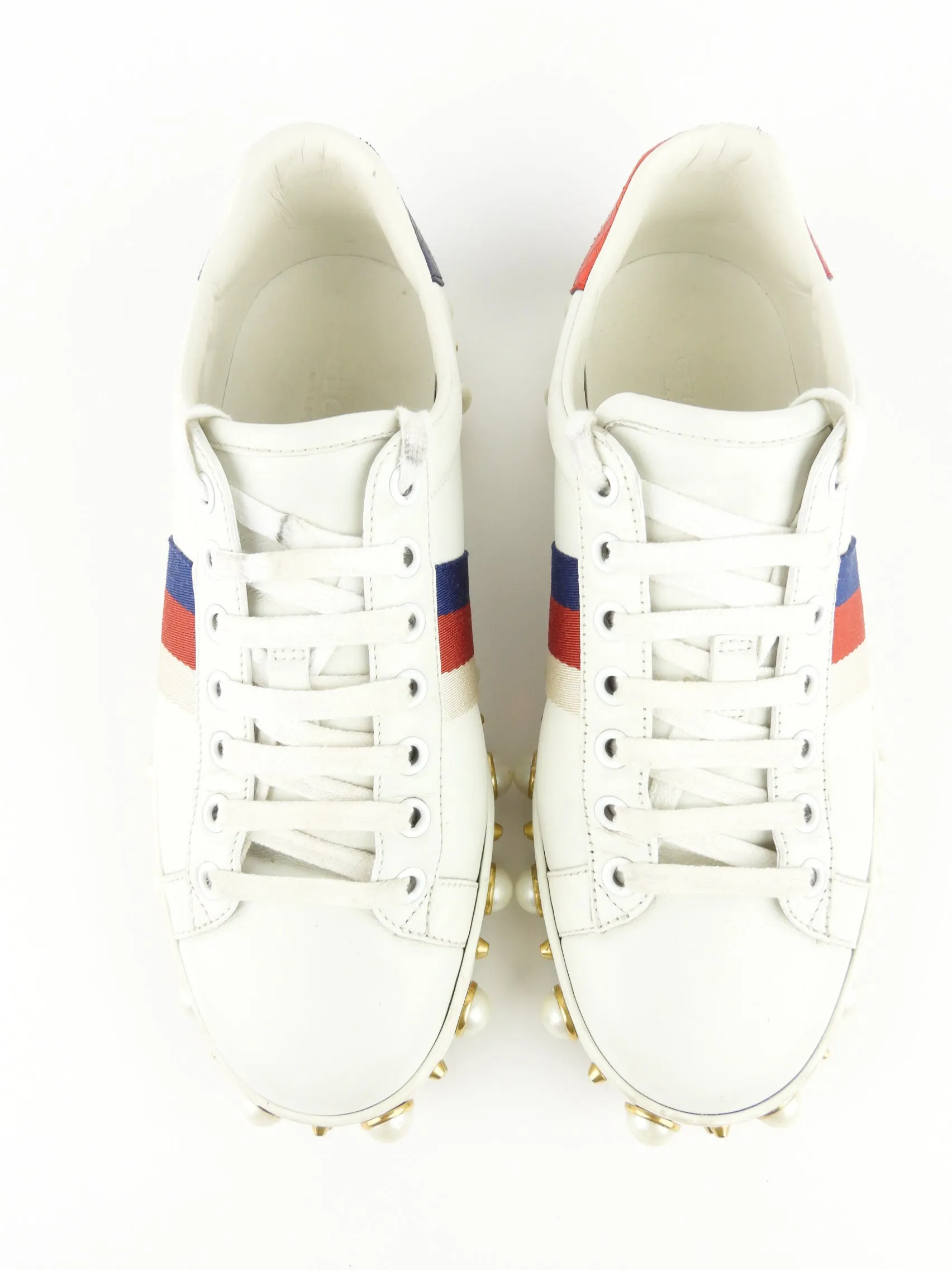 Gucci White Leather Metallic Red and Blue and Pearl Embellished Platform Sneakers - 37