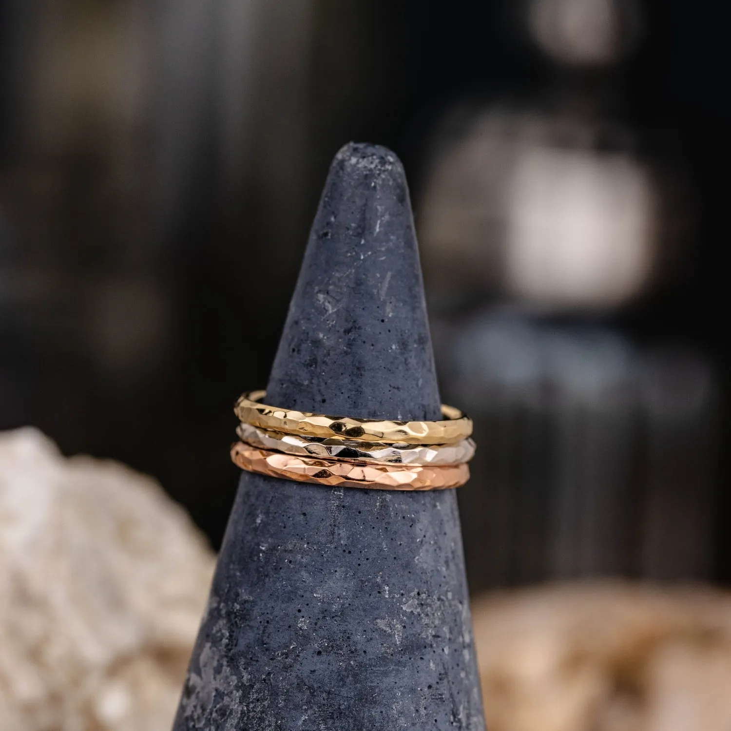 (In-Stock) The Rosalind | Women's Hammered 10k Yellow Gold Stacking Ring - Size 5 | 2mm Wide