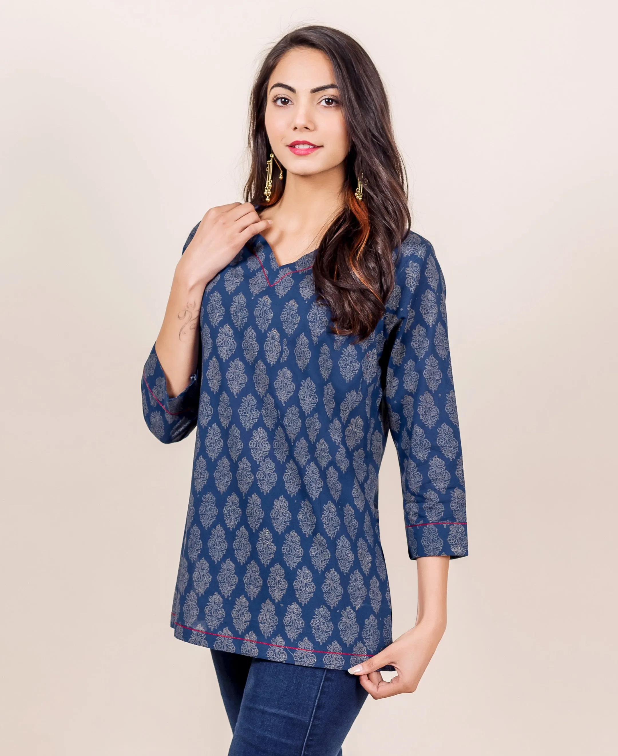 Indigo Hand Block Printed Top with Piping