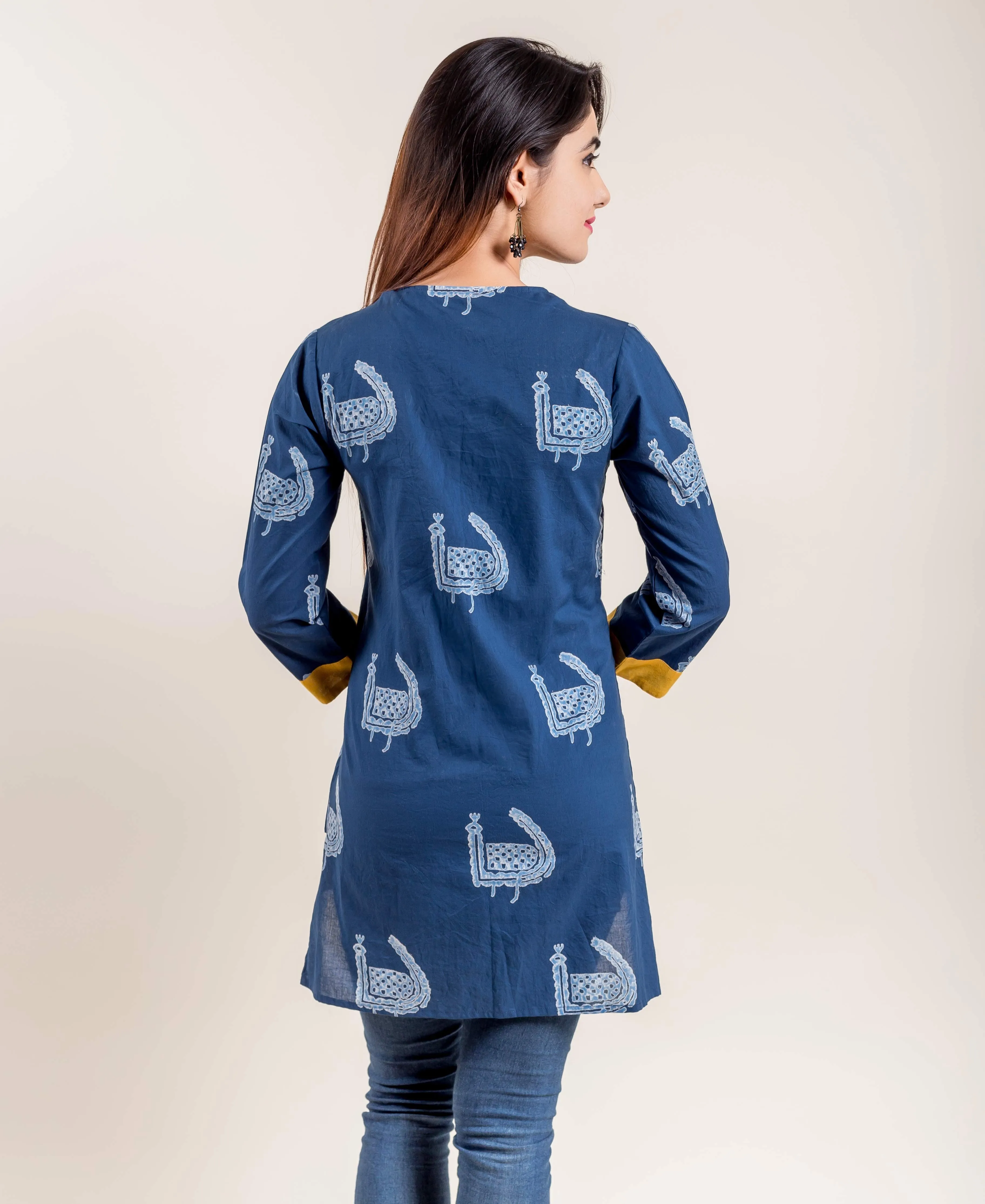 Indigo Yellow Double Layered Side Buttoned Printed Ethnic  Short Kurti