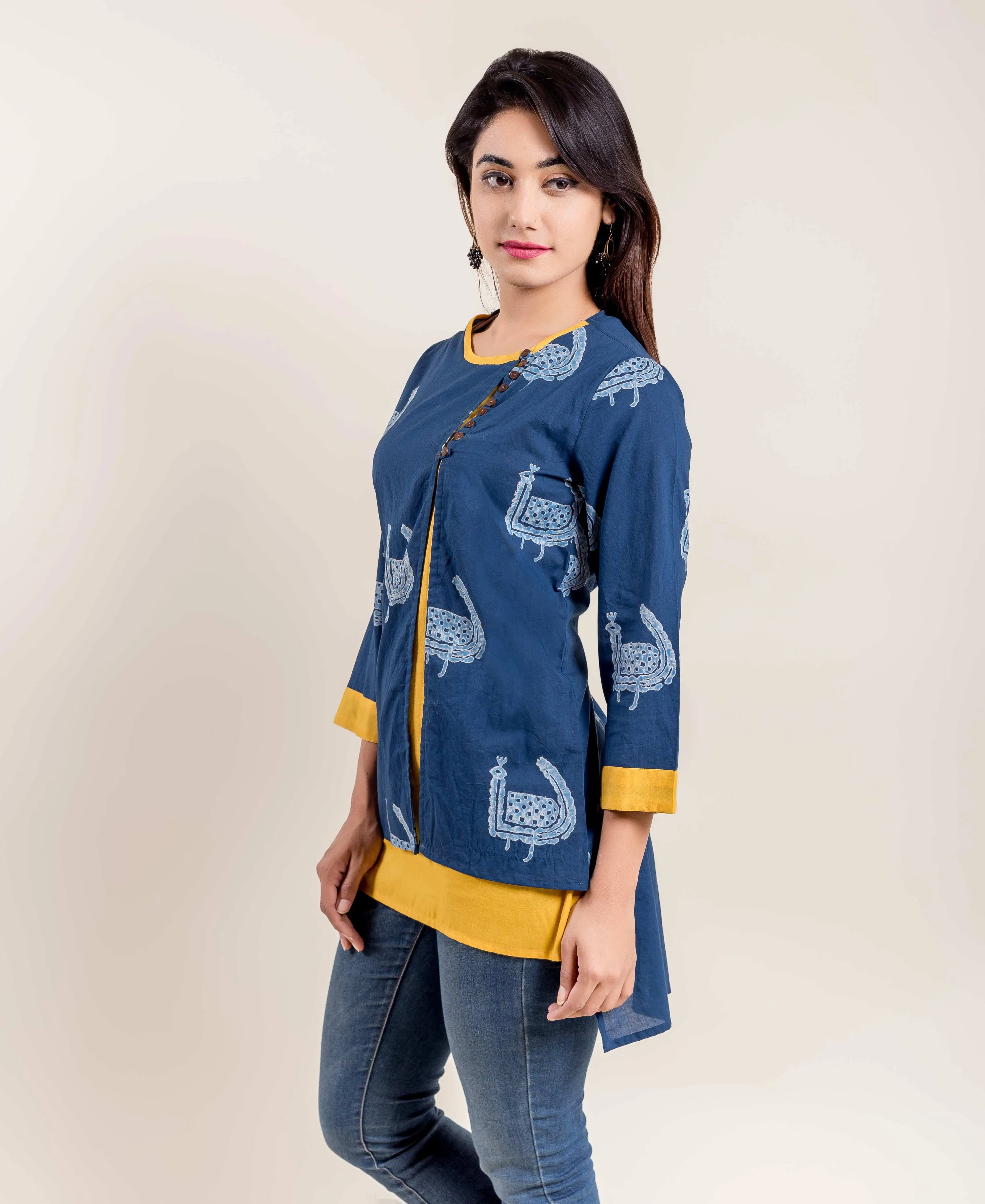 Indigo Yellow Double Layered Side Buttoned Printed Ethnic  Short Kurti