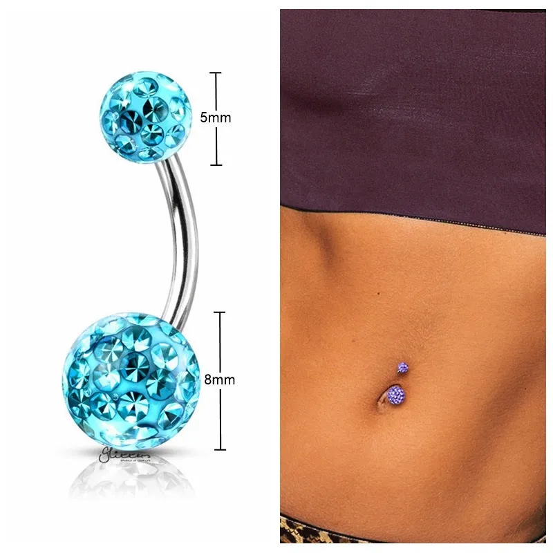 Internally Threaded Belly Button Ring with Epoxy Covered Crystal Paved Balls - Aqua