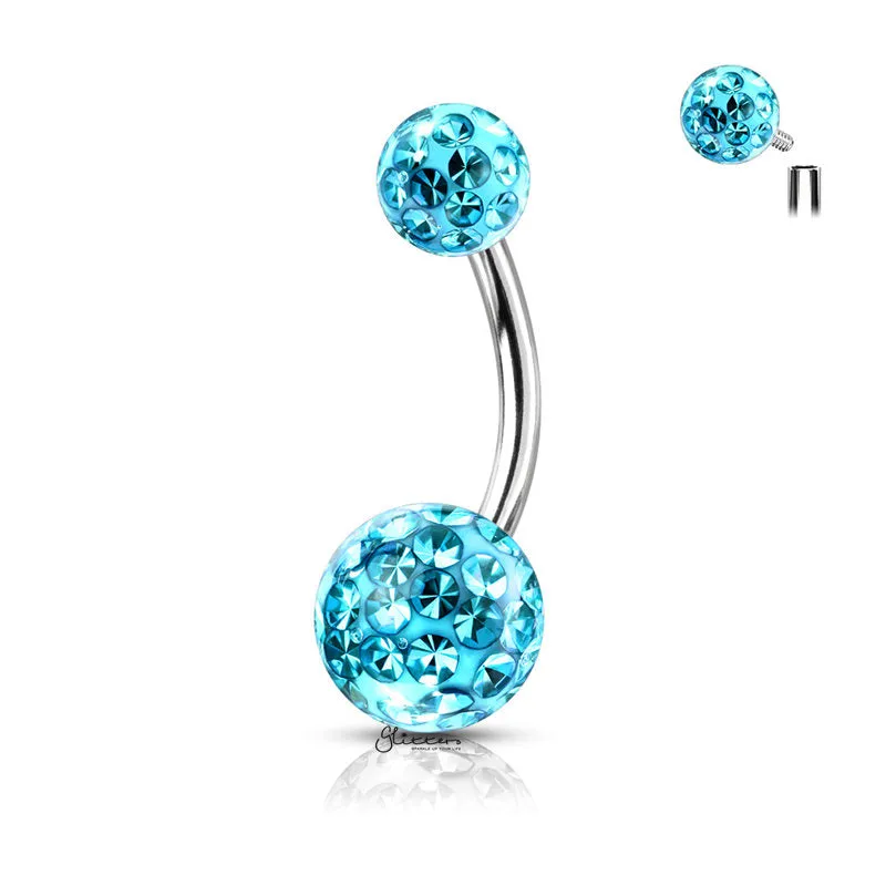 Internally Threaded Belly Button Ring with Epoxy Covered Crystal Paved Balls - Aqua