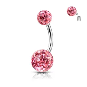 Internally Threaded Belly Button Ring with Epoxy Covered Crystal Paved Balls - Pink