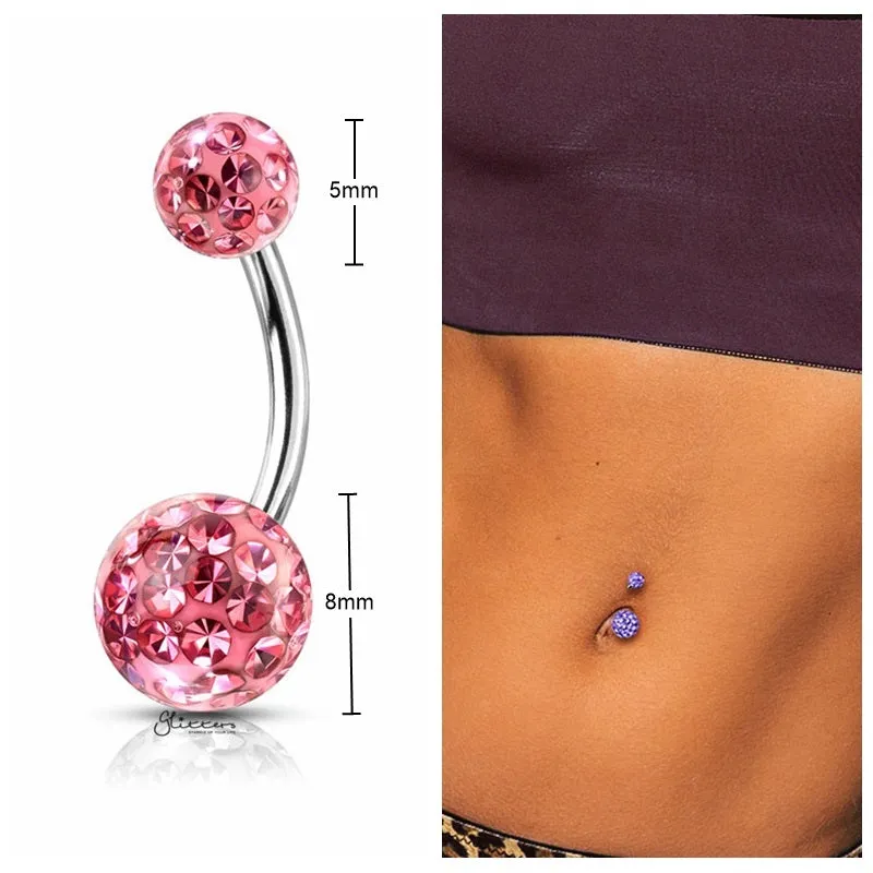 Internally Threaded Belly Button Ring with Epoxy Covered Crystal Paved Balls - Pink