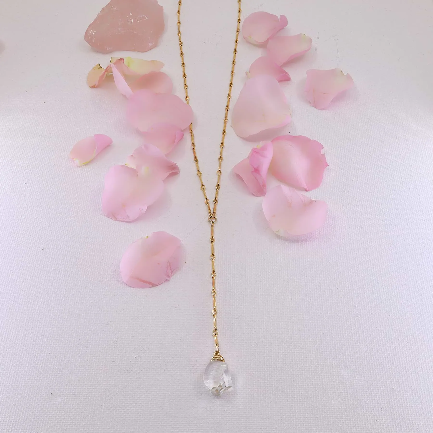 Katya - Crystal Quartz Lariat Drop Gold Layering Necklace