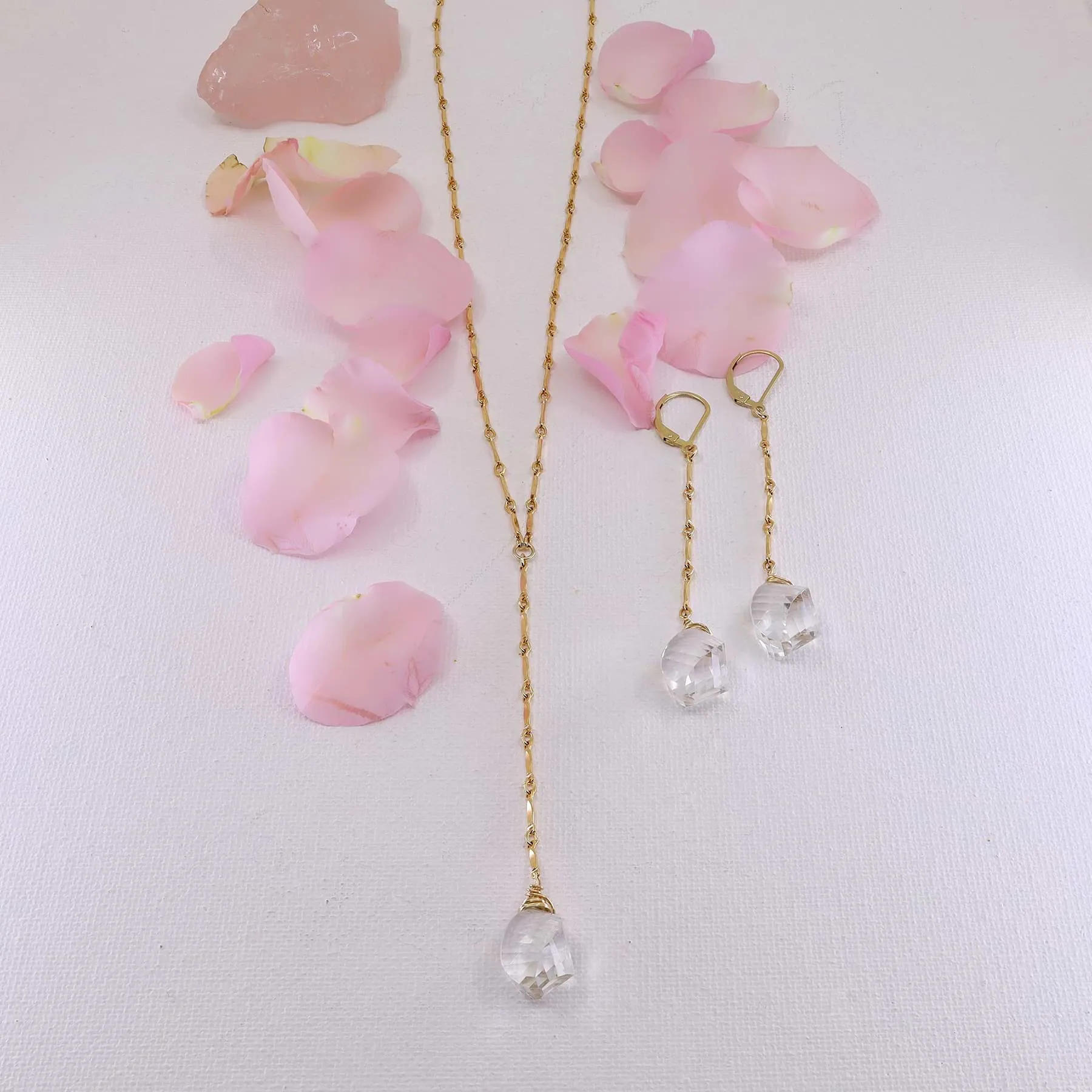 Katya - Crystal Quartz Lariat Drop Gold Layering Necklace