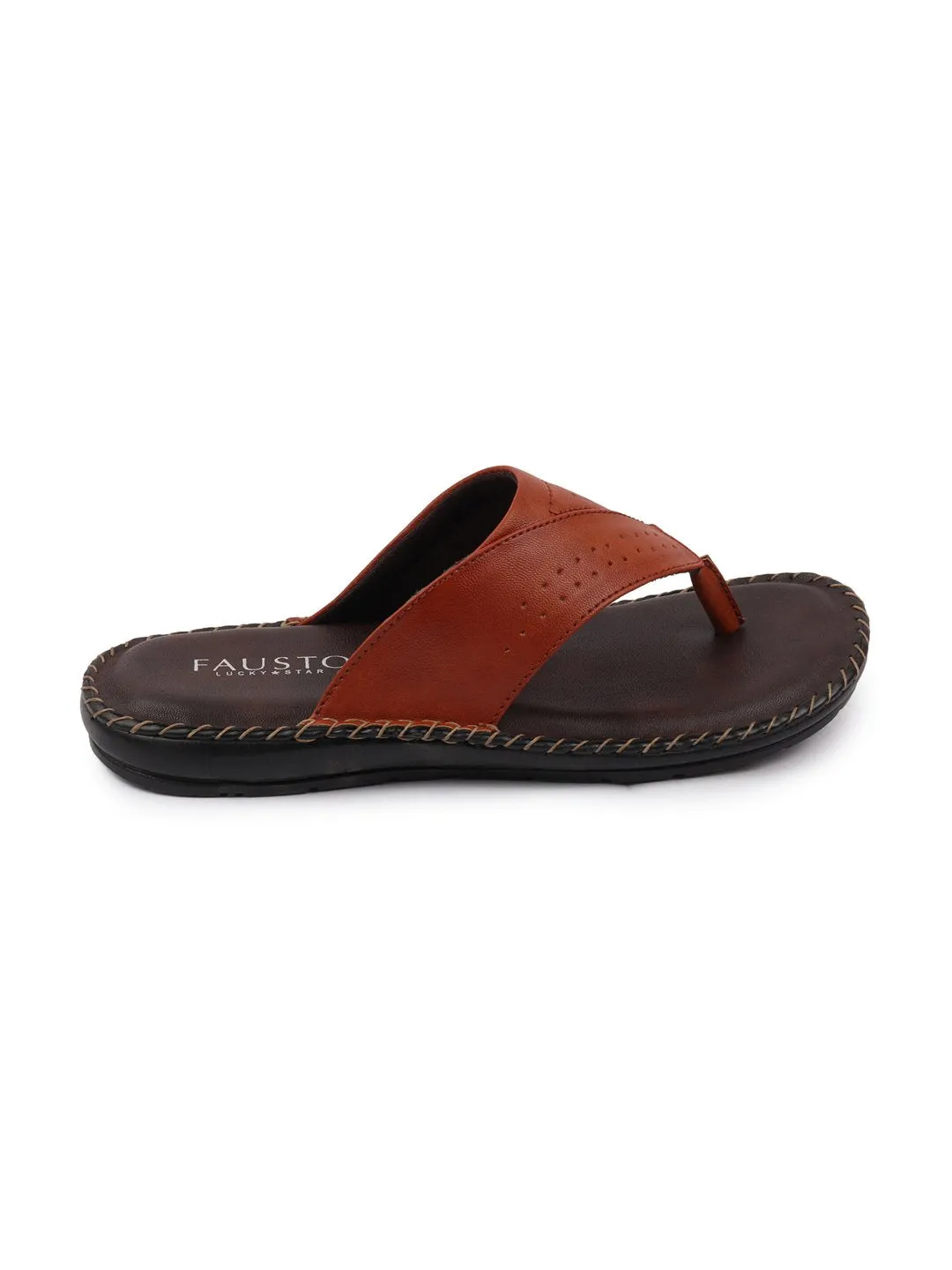 Men Tan Side Stitched Slippers