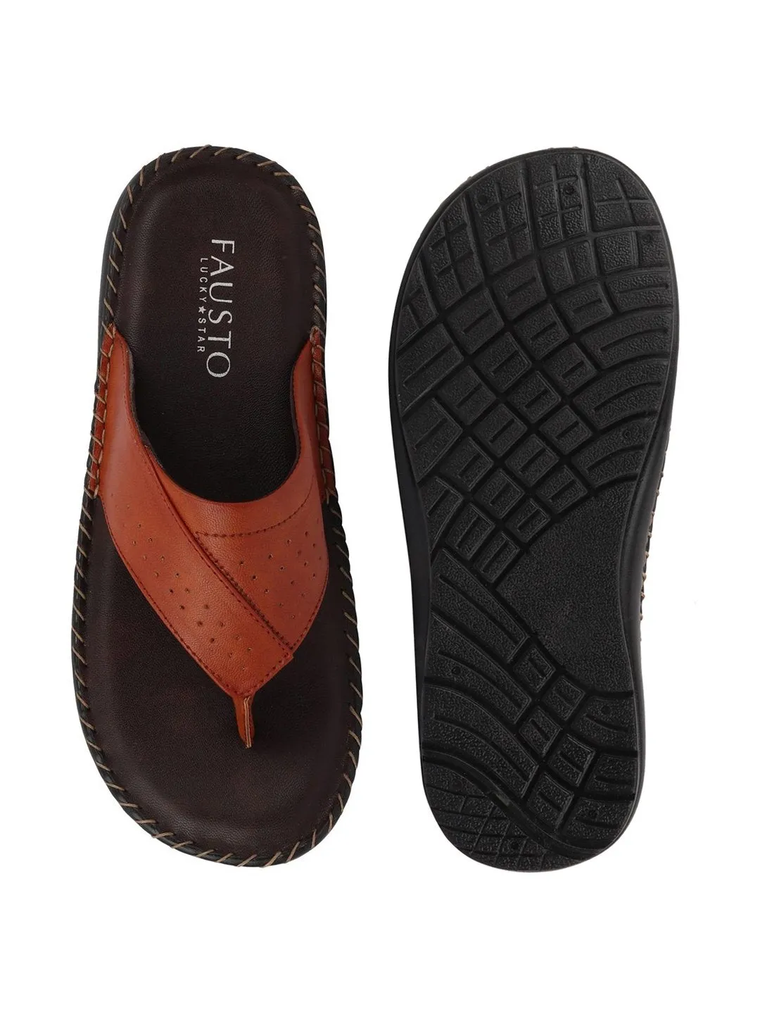 Men Tan Side Stitched Slippers